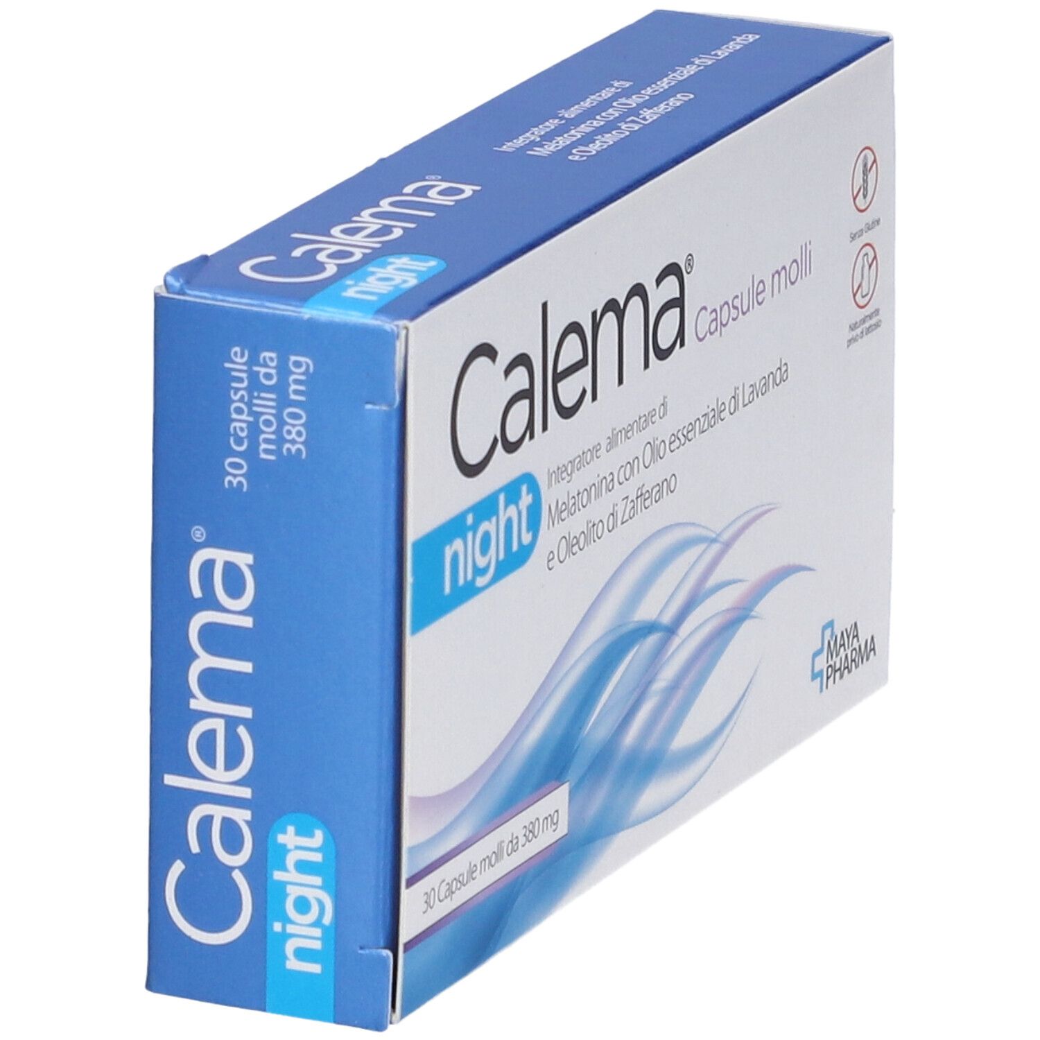 Scatola di capsule Calema Night. Confezione blu e bianca con nome del prodotto e informazioni. Logo Maya Pharma.