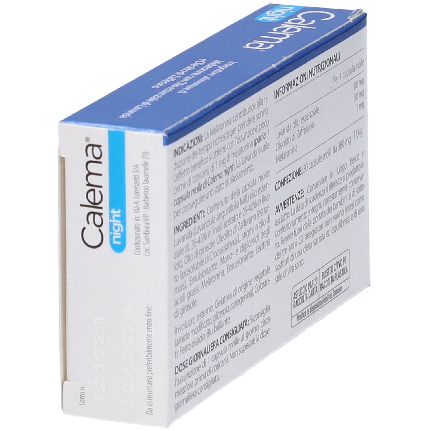 Retro della scatola di capsule Calema Night. Contiene ingredienti, informazioni nutrizionali e informazioni del produttore. Testo in italiano.