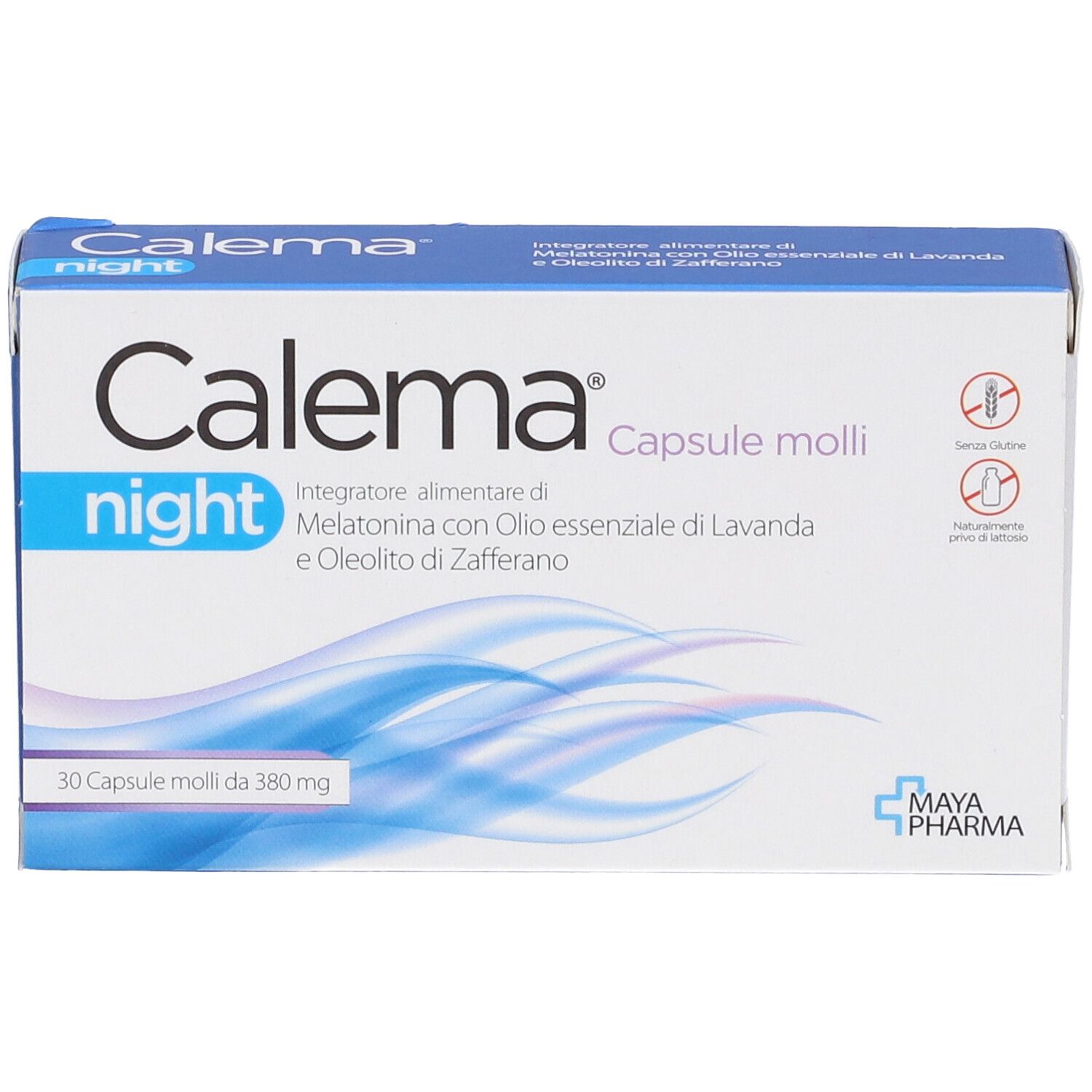 Scatola di capsule Calema Night. Confezione blu e bianca con nome del prodotto e informazioni. Logo Maya Pharma.