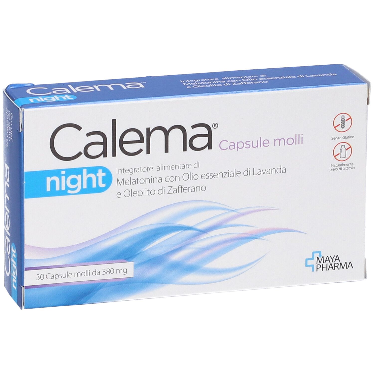Scatola di capsule Calema Night. Confezione blu e bianca con nome del prodotto e informazioni. Logo Maya Pharma.