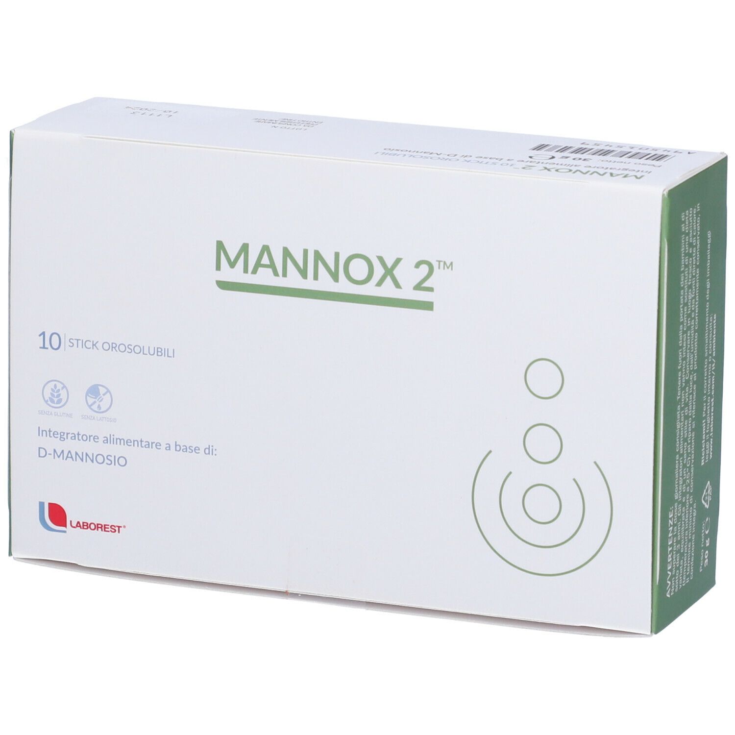 Scatola "MANNOX 2" con 10 stick orosolubili. Contiene D-mannosio. Marchio: LABOREST.