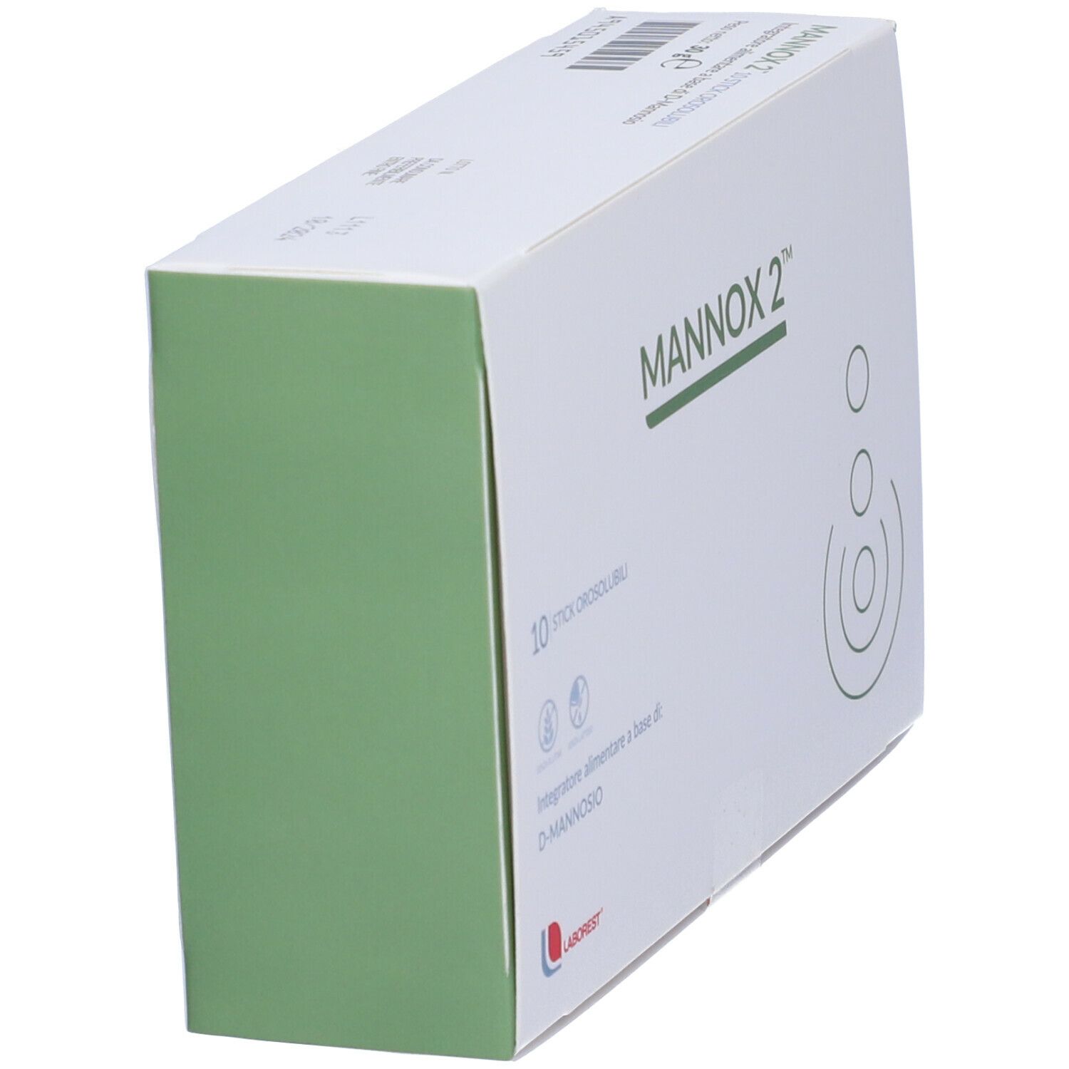 Scatola "MANNOX 2" in prospettiva. Lato verde. Scritto: 10 stick orosolubili.