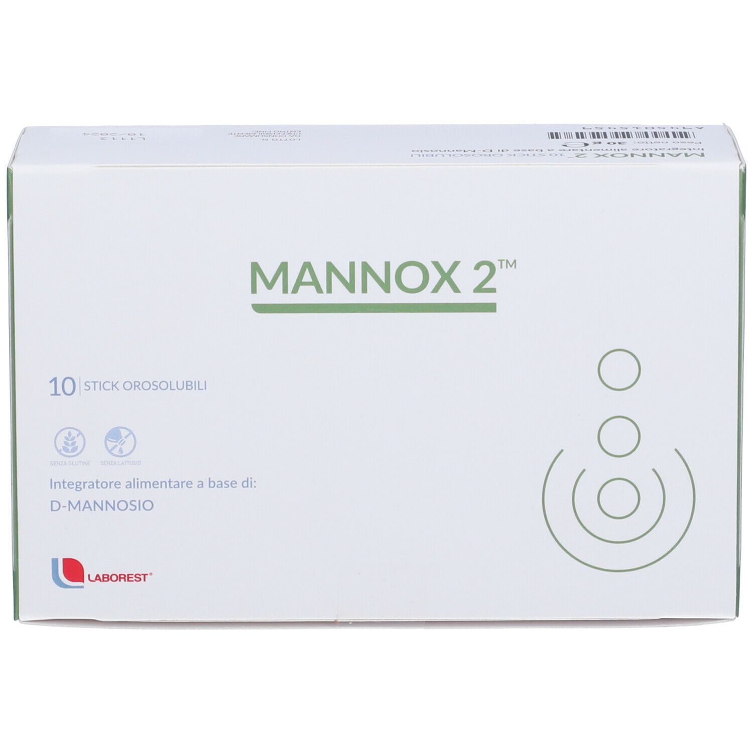 Scatola "MANNOX 2" con 10 stick. Contiene D-mannosio. Marchio: LABOREST.