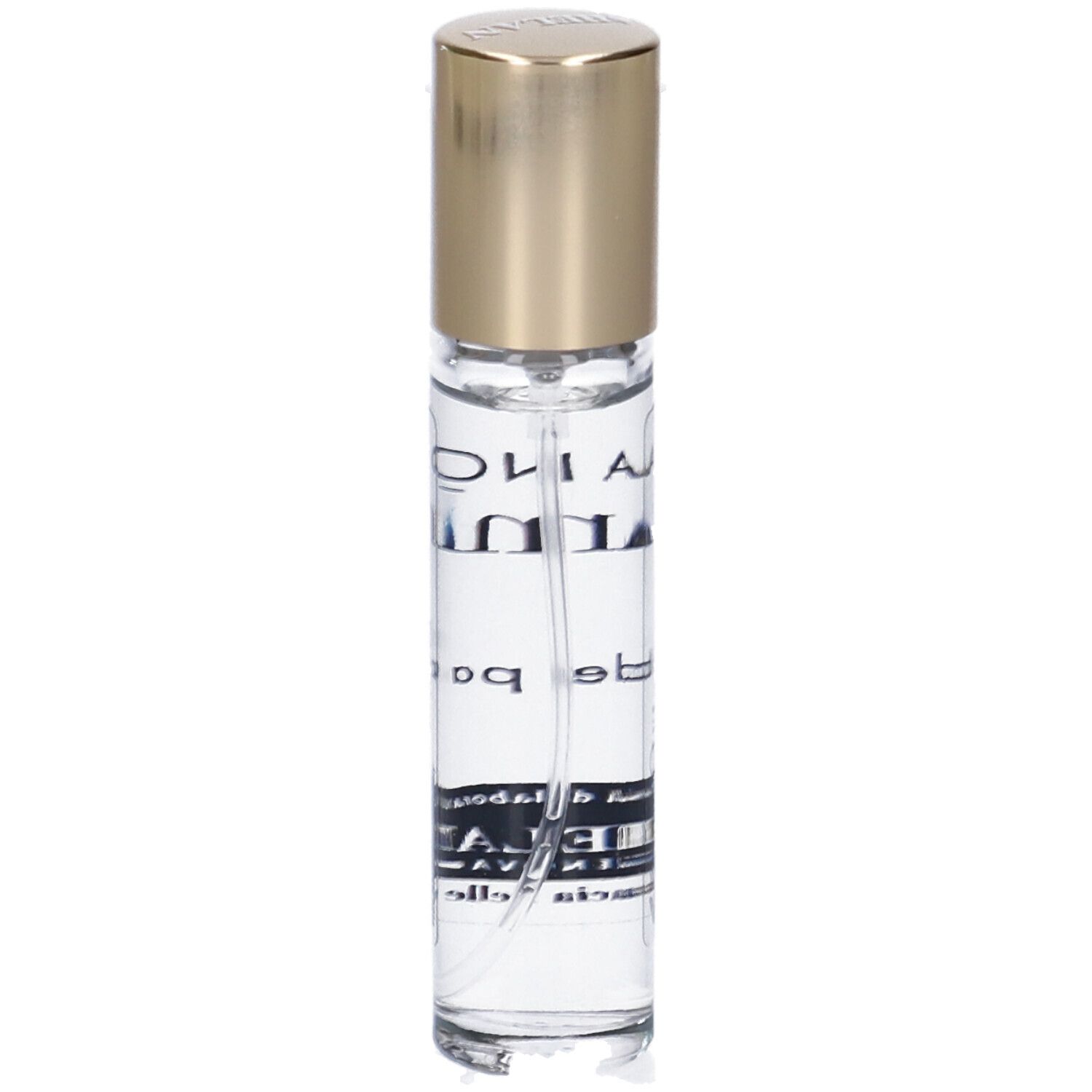 Flacone di profumo con tappo dorato. Scritta: Bianco d'Ambra, Eau de Parfum. Marchio: Helan.