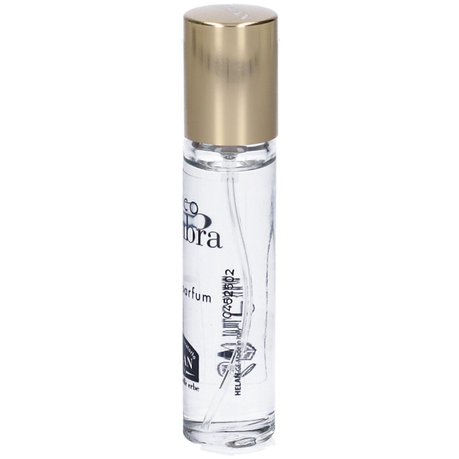 Flacone di profumo con tappo dorato. Scritta: Bianco d'Ambra, Eau de Parfum. Marchio: Helan.
