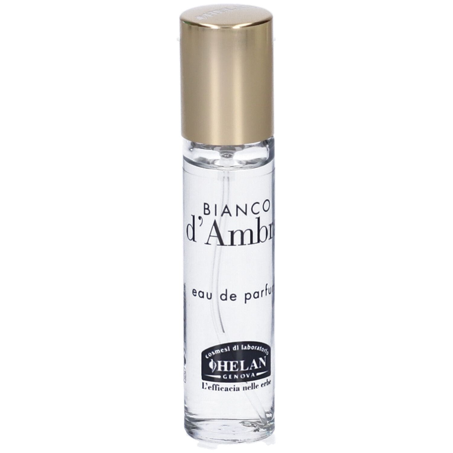 Flacone di profumo con tappo dorato. Scritta: Bianco d'Ambra, Eau de Parfum. Marchio: Helan.