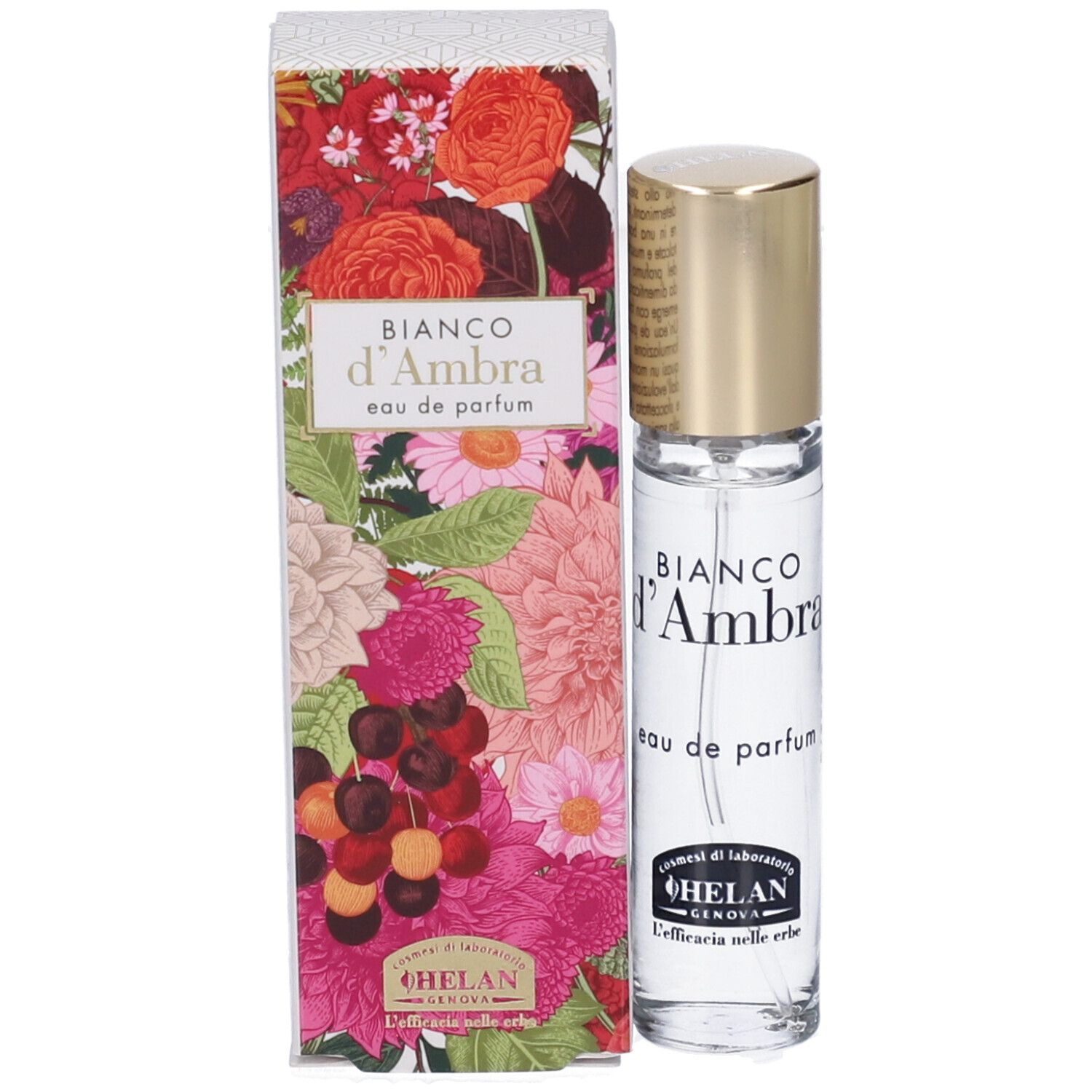 Flacone di profumo con tappo dorato e confezione. Scritta: Bianco d'Ambra, Eau de Parfum. Marchio: Helan.