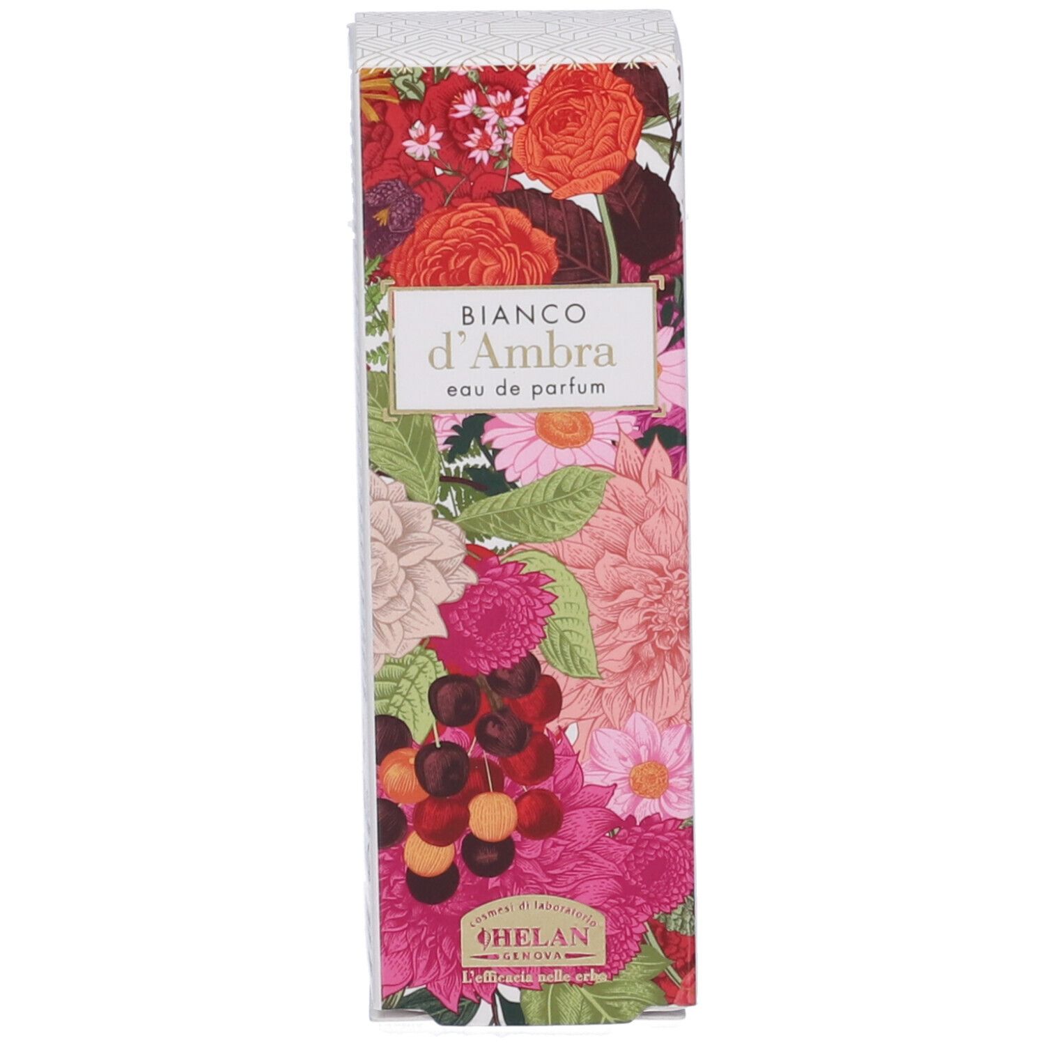 Confezione con motivo floreale. Scritta: Bianco d'Ambra, Eau de Parfum. Marchio: Helan.