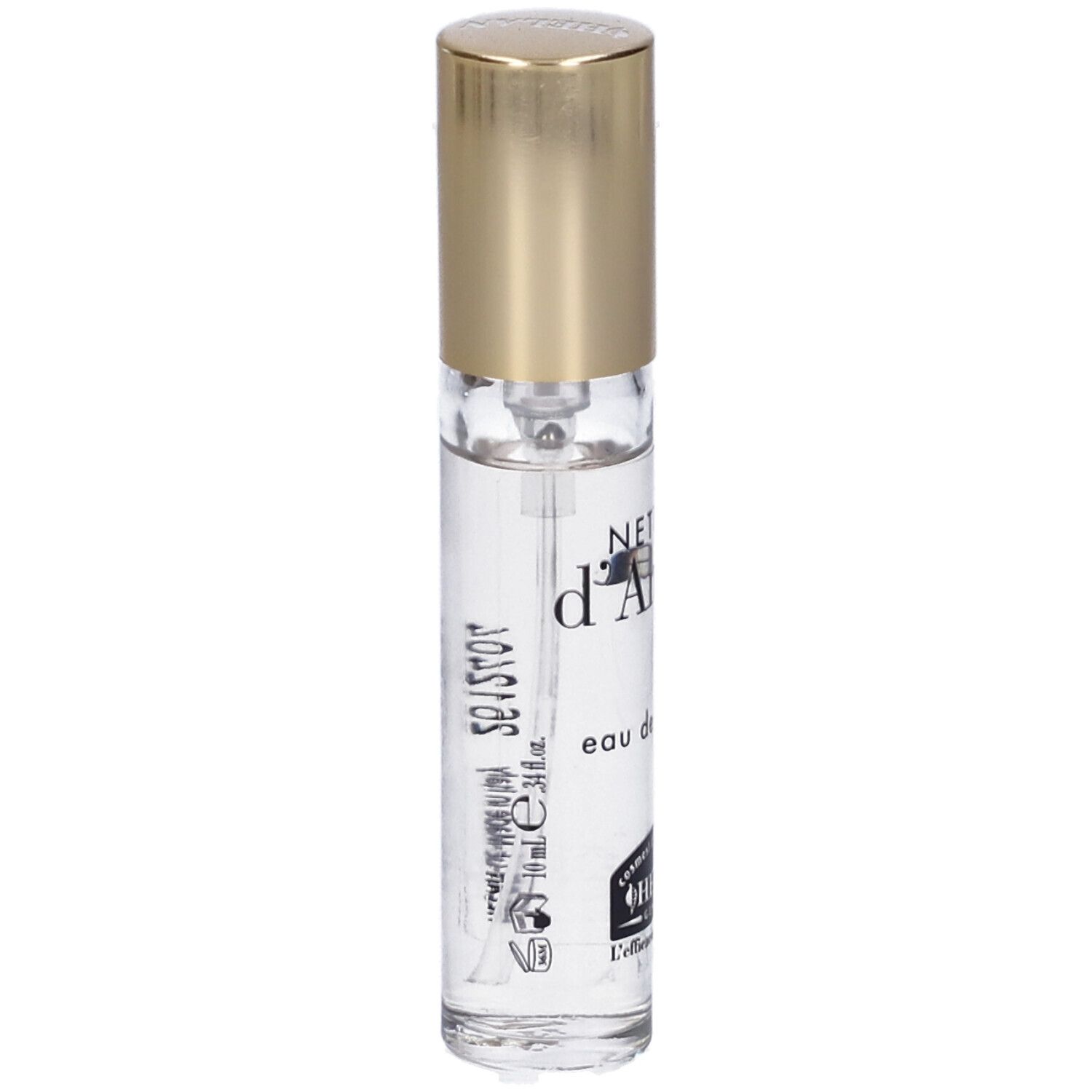 Flacone di profumo con tappo dorato. Scritta: NECTARE D'AMBRA Eau de Parfum. Marchio: HELAN.