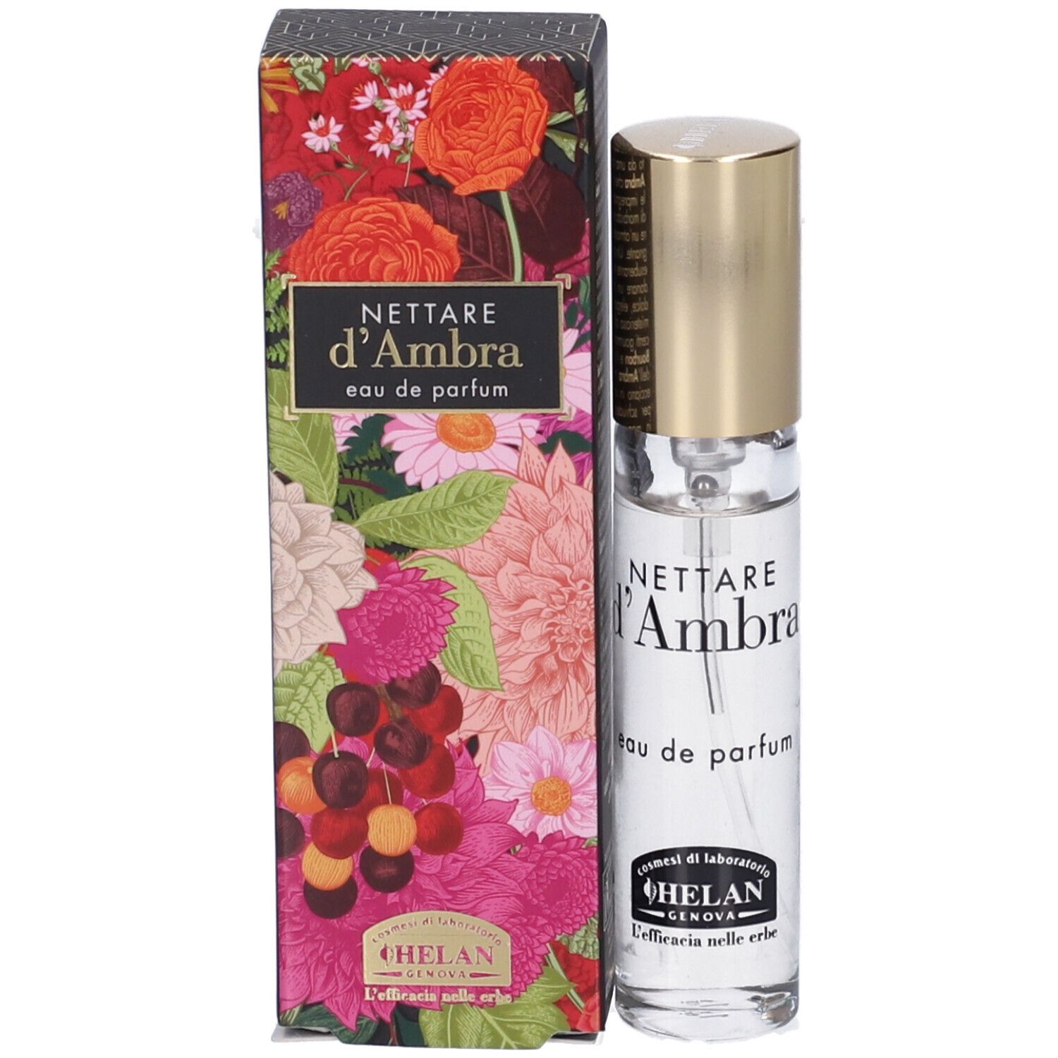 Flacone di profumo e confezione. Confezione con design floreale. Scritta: NECTARE D'AMBRA Eau de Parfum. Marchio: HELAN.