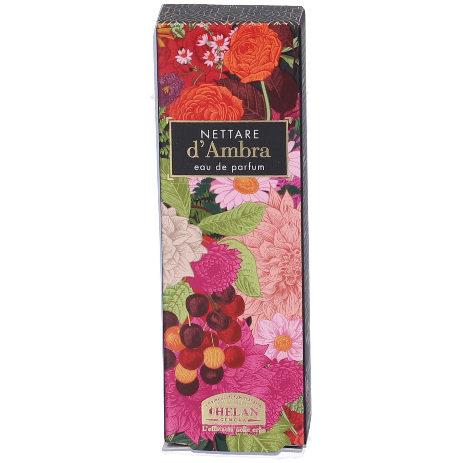 Confezione con design floreale. Scritta: NECTARE D'AMBRA Eau de Parfum. Marchio: HELAN. Flacone parzialmente visibile.