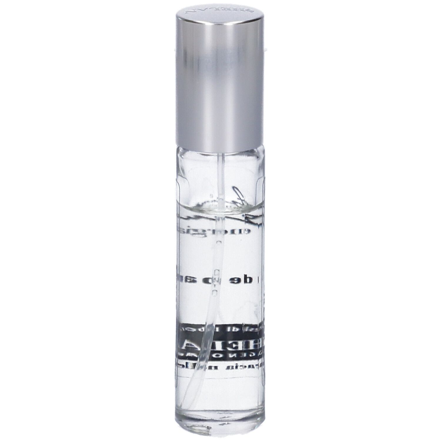 Flacone di profumo con tappo argentato. Scritta: Agrumee, energia e vitalità, eau de parfum. Marchio: Helan.