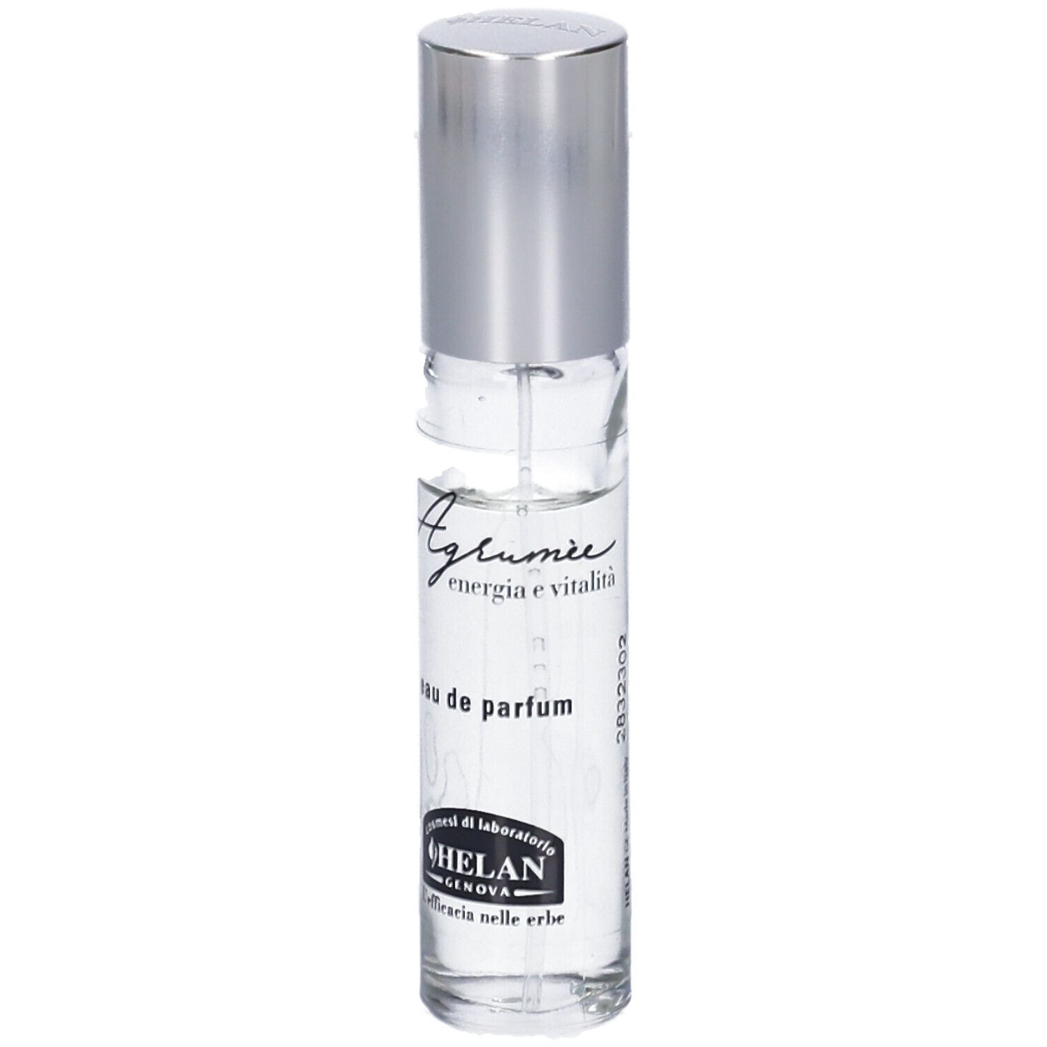 Flacone di profumo con tappo argentato. Scritta: Agrumee, energia e vitalità, eau de parfum. Marchio: Helan.