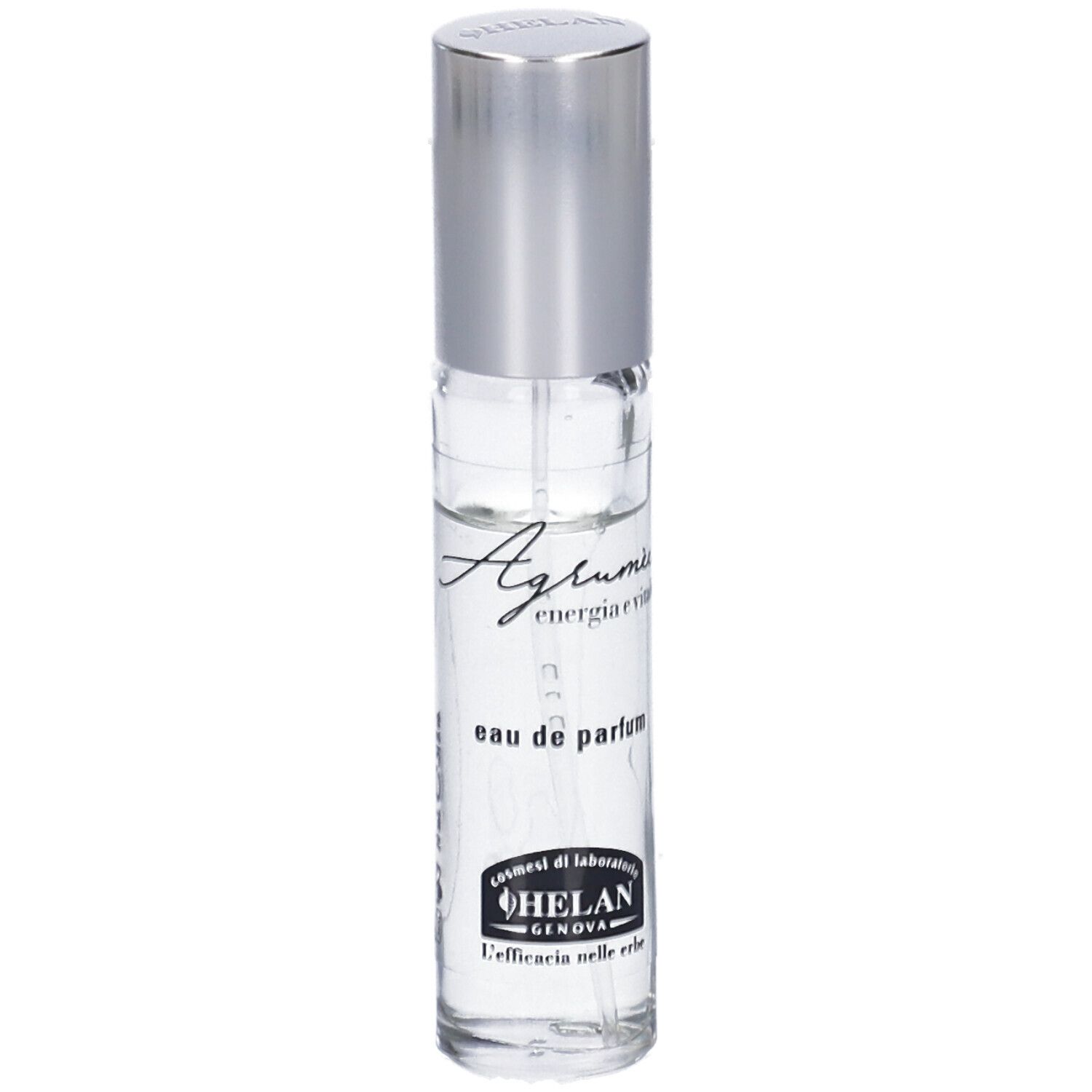 Flacone di profumo con tappo argentato. Scritta: Agrumee, energia e vitalità, eau de parfum. Marchio: Helan.