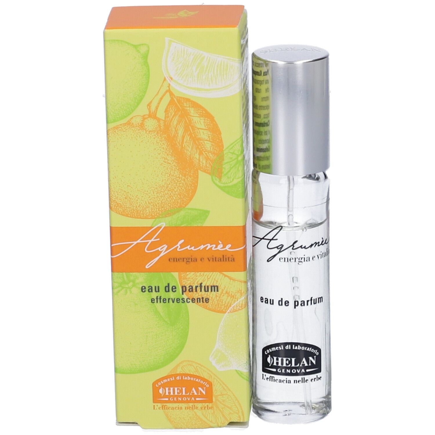 Flacone di profumo e confezione. Scritta: Agrumee, energia e vitalità, eau de parfum. Marchio: Helan. Confezione con illustrazione di limoni.
