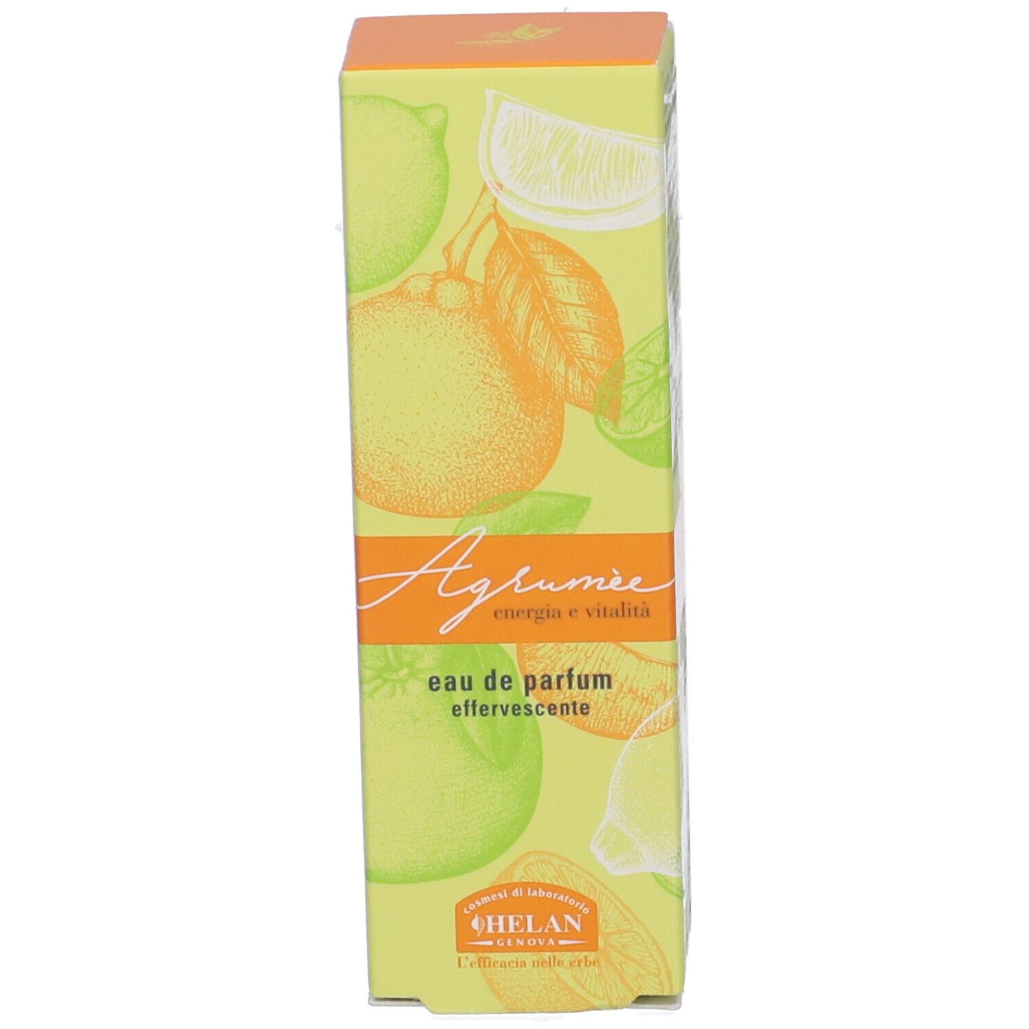 Confezione con illustrazione di limoni. Scritta: Agrumee, energia e vitalità, eau de parfum effervescente. Marchio: Helan.