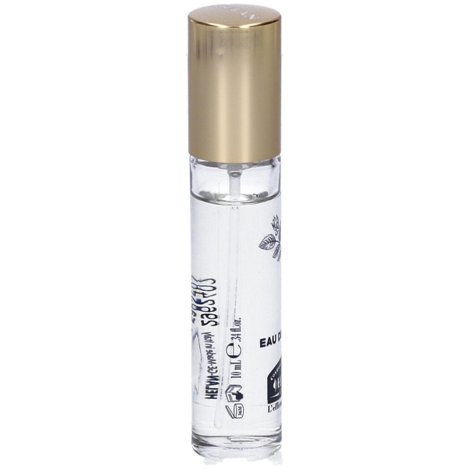 Flacone in vetro trasparente con tappo dorato. Scritte: Fior di Talco, Eau de Parfum, 10 ml, HELAN.