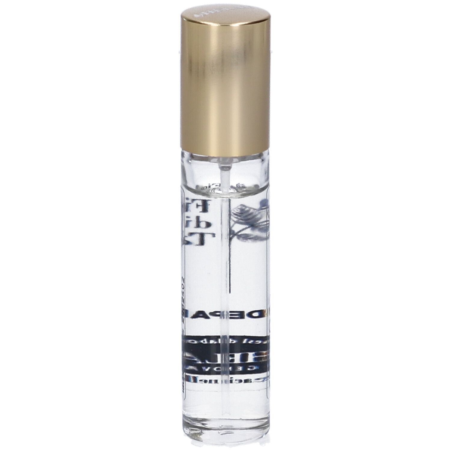 Flacone in vetro trasparente con tappo dorato. Scritte: Fior di Talco, Eau de Parfum, HELAN GENOVA.