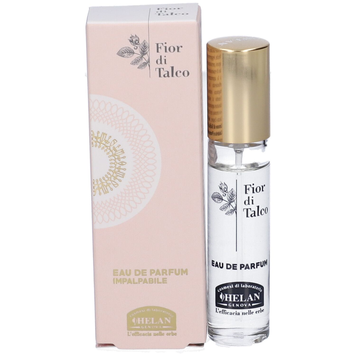 Flacone del prodotto accanto alla confezione rosa. Scritte: Fior di Talco, Eau de Parfum, HELAN GENOVA.