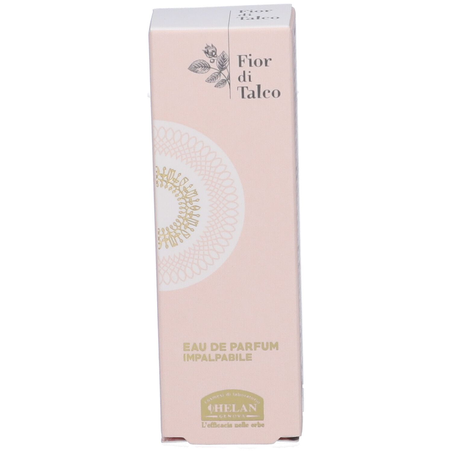 Confezione rosa. Scritte: Fior di Talco, Eau de Parfum, HELAN GENOVA.