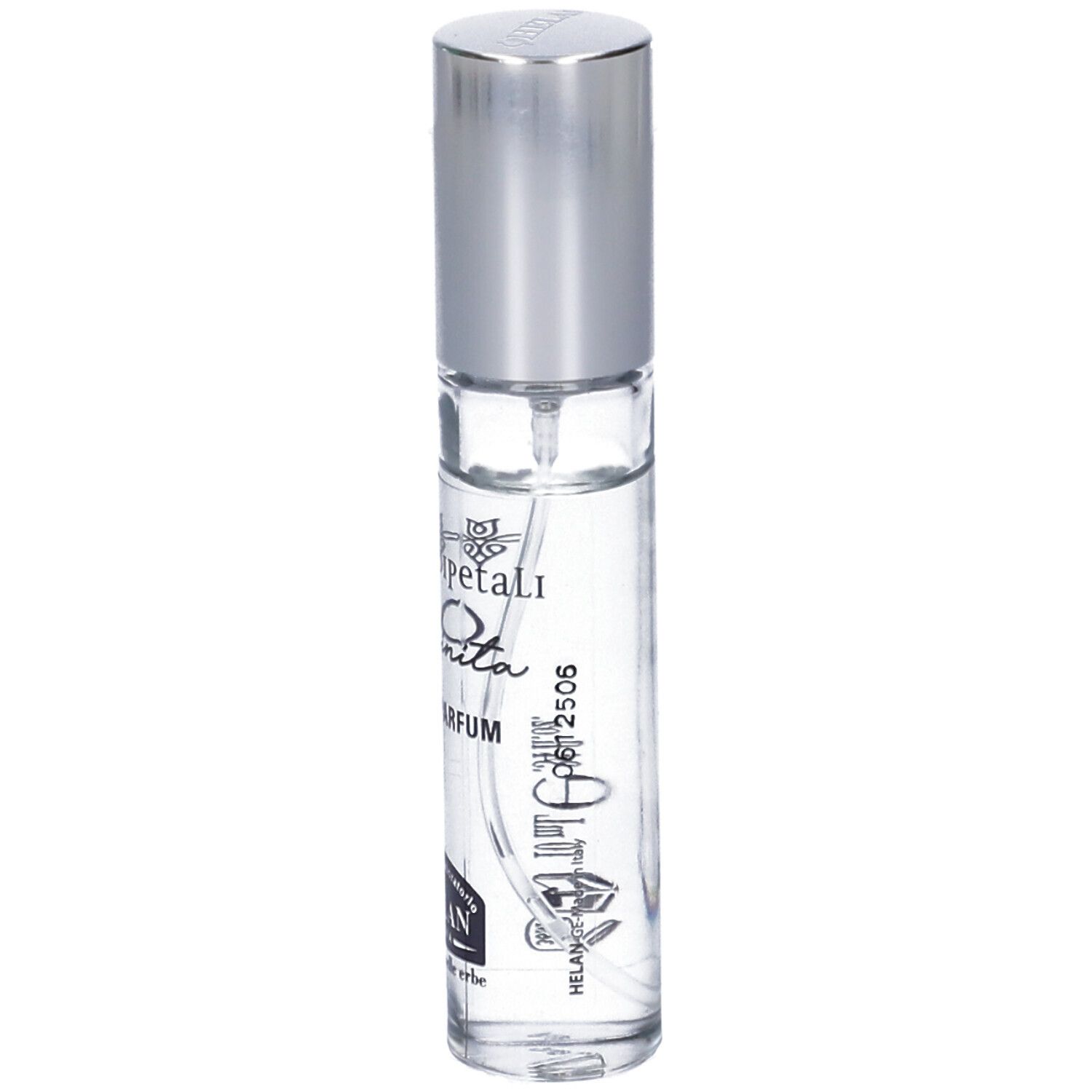 Vaporizzatore in vetro trasparente con tappo argentato. Scritta: CUOR DI PETALI INFINITA Eau de Parfum. Marchio: HELAN.