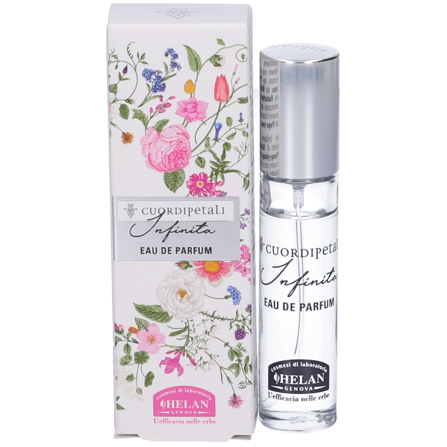 Vaporizzatore in vetro e confezione. Scritta: CUOR DI PETALI INFINITA Eau de Parfum. Marchio: HELAN. Confezione floreale.