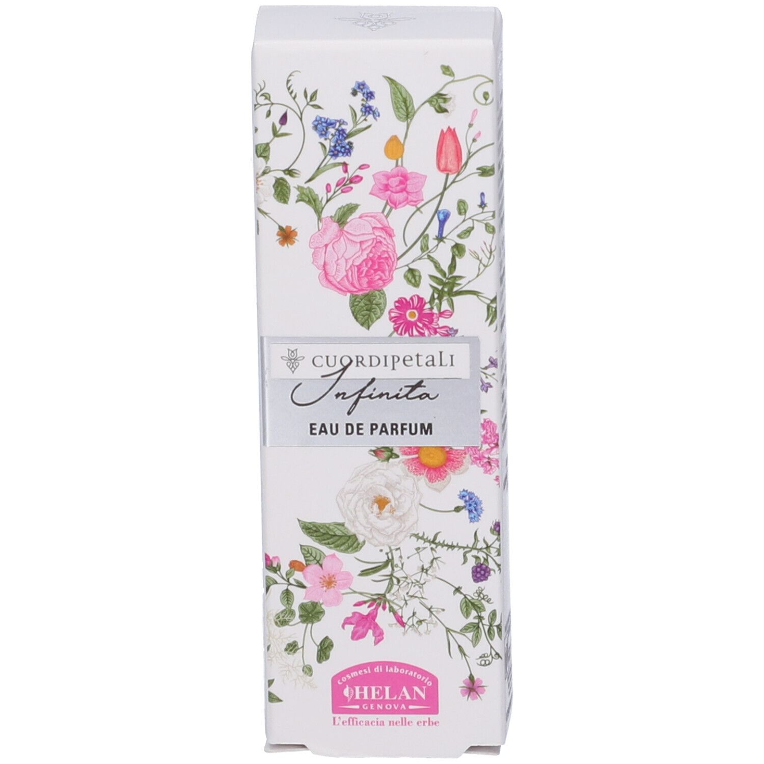 Confezione floreale. Scritta: CUOR DI PETALI INFINITA Eau de Parfum. Marchio: HELAN.