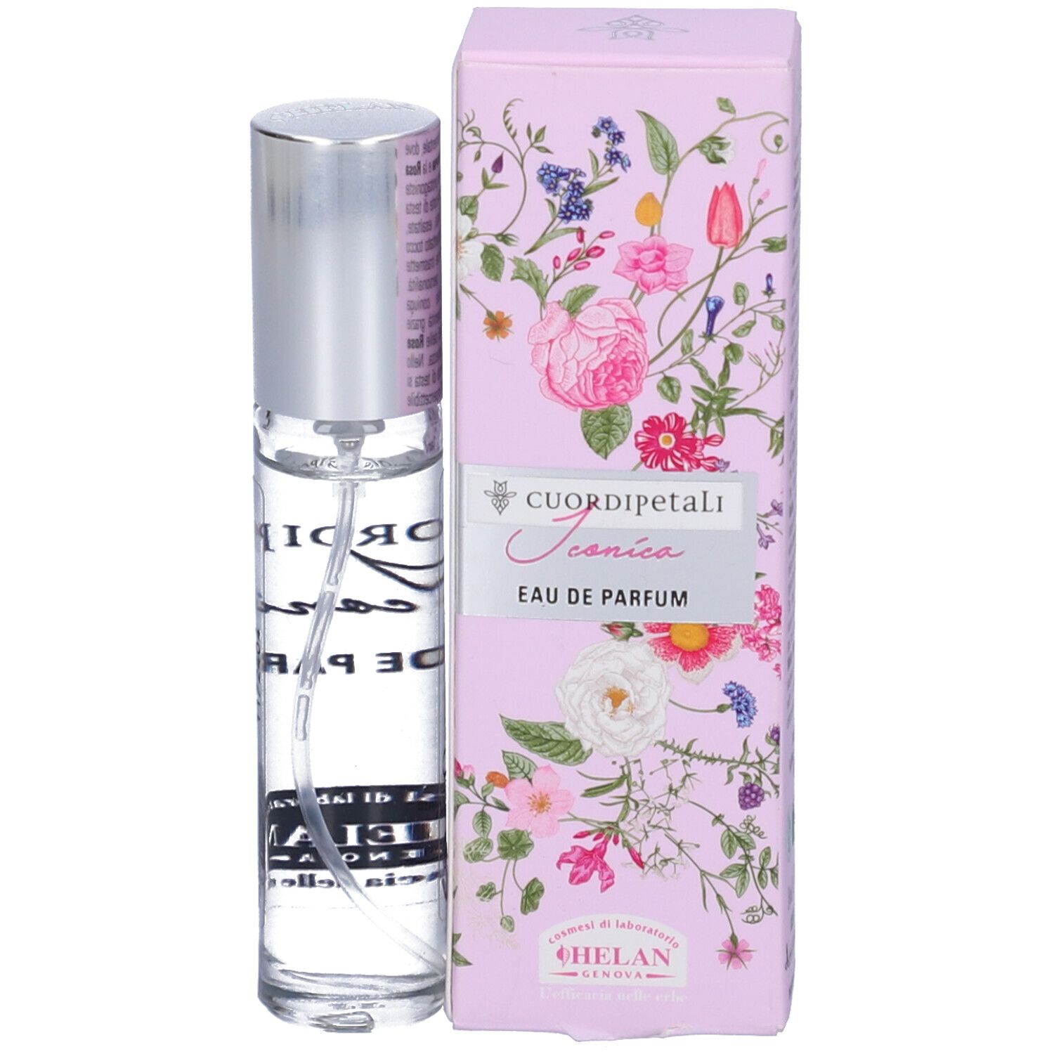 Flacone e scatola Eau de Parfum. Flacone trasparente con vaporizzatore argentato. Scatola con motivi floreali e nome del prodotto.