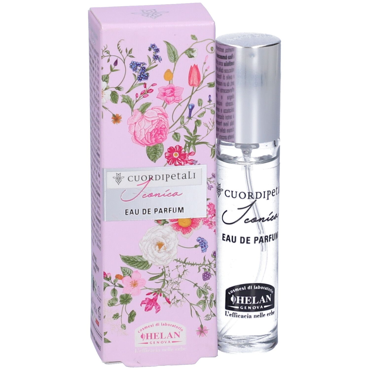 Flacone e scatola Eau de Parfum. Flacone trasparente con vaporizzatore argentato. Scatola con motivi floreali e nome del prodotto.