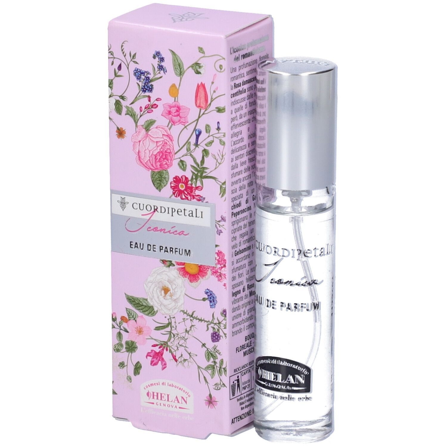 Flacone e scatola Eau de Parfum. Flacone trasparente con vaporizzatore argentato. Scatola con motivi floreali e nome del prodotto.