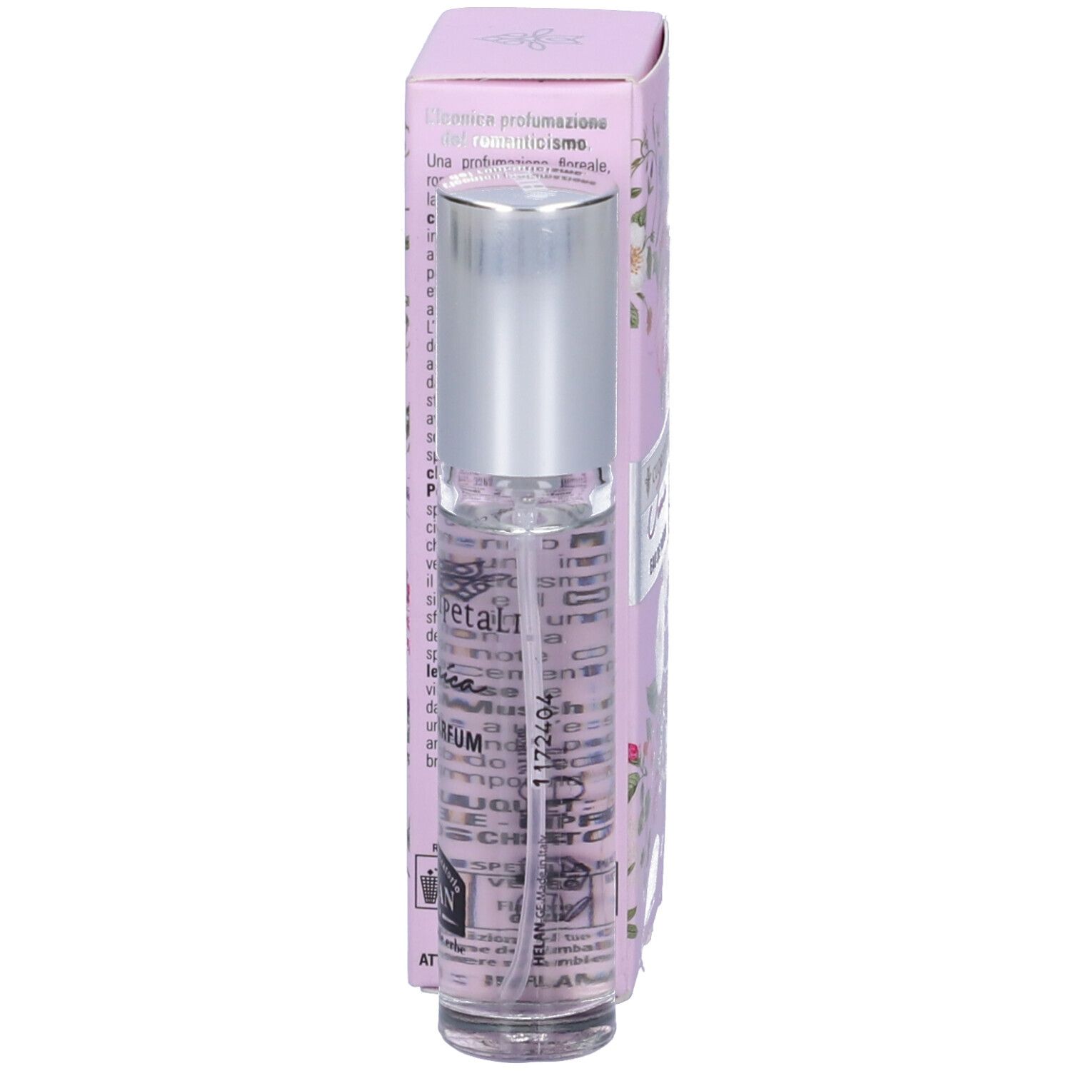 Flacone e scatola Eau de Parfum. Flacone trasparente con vaporizzatore argentato. Scatola con motivi floreali e nome del prodotto.