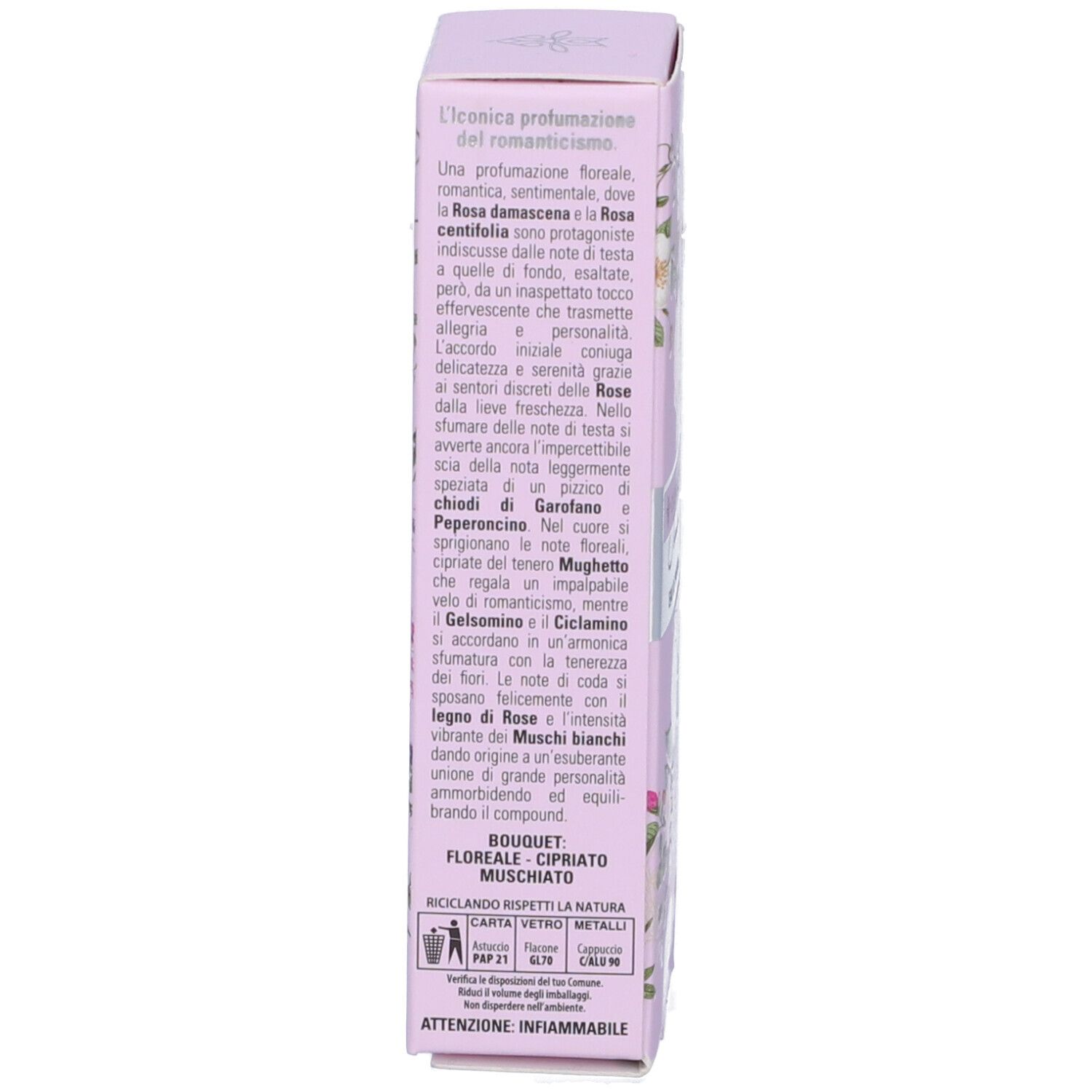 Retro della scatola con testo. Scritta: CUOR DI PETALI ICONICA EAU DE PARFUM. Marchio: HELAN GENOVA. Decorazione floreale.