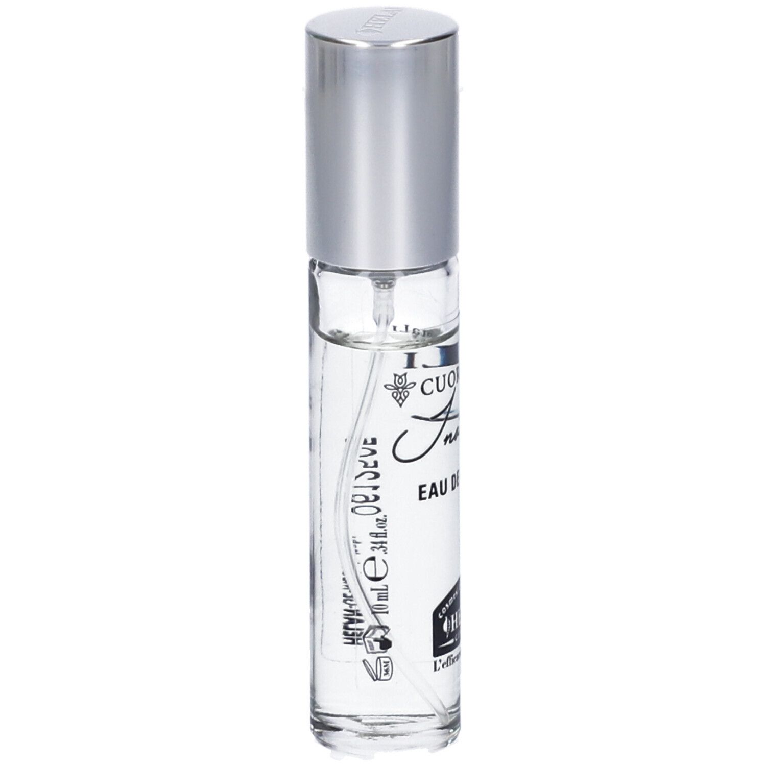 Flacone in vetro con tappo argentato. Scritta: CUORDI PETALI INATTESA Eau de Parfum. Marchio: Helan. Volume: 10 ml.