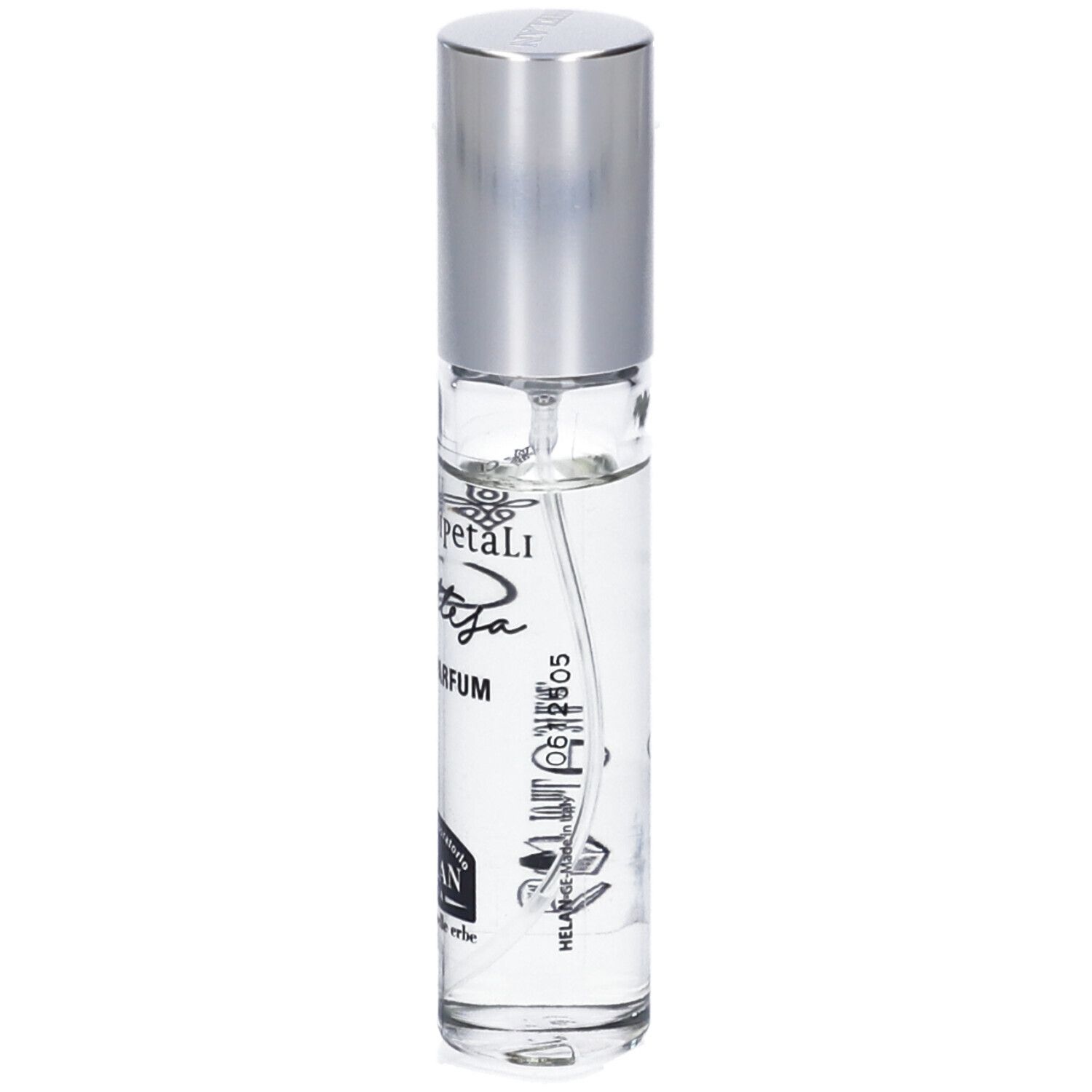 Flacone in vetro con tappo argentato. Scritta: CUORDI PETALI INATTESA Eau de Parfum. Marchio: Helan. Volume: 10 ml.