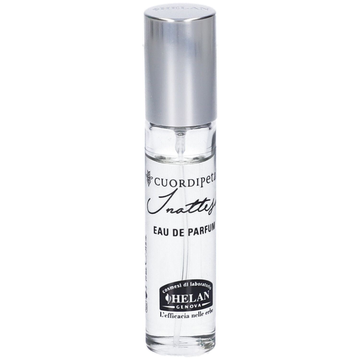 Flacone in vetro con tappo argentato. Scritta: CUORDI PETALI INATTESA Eau de Parfum. Marchio: Helan. Volume: 10 ml.