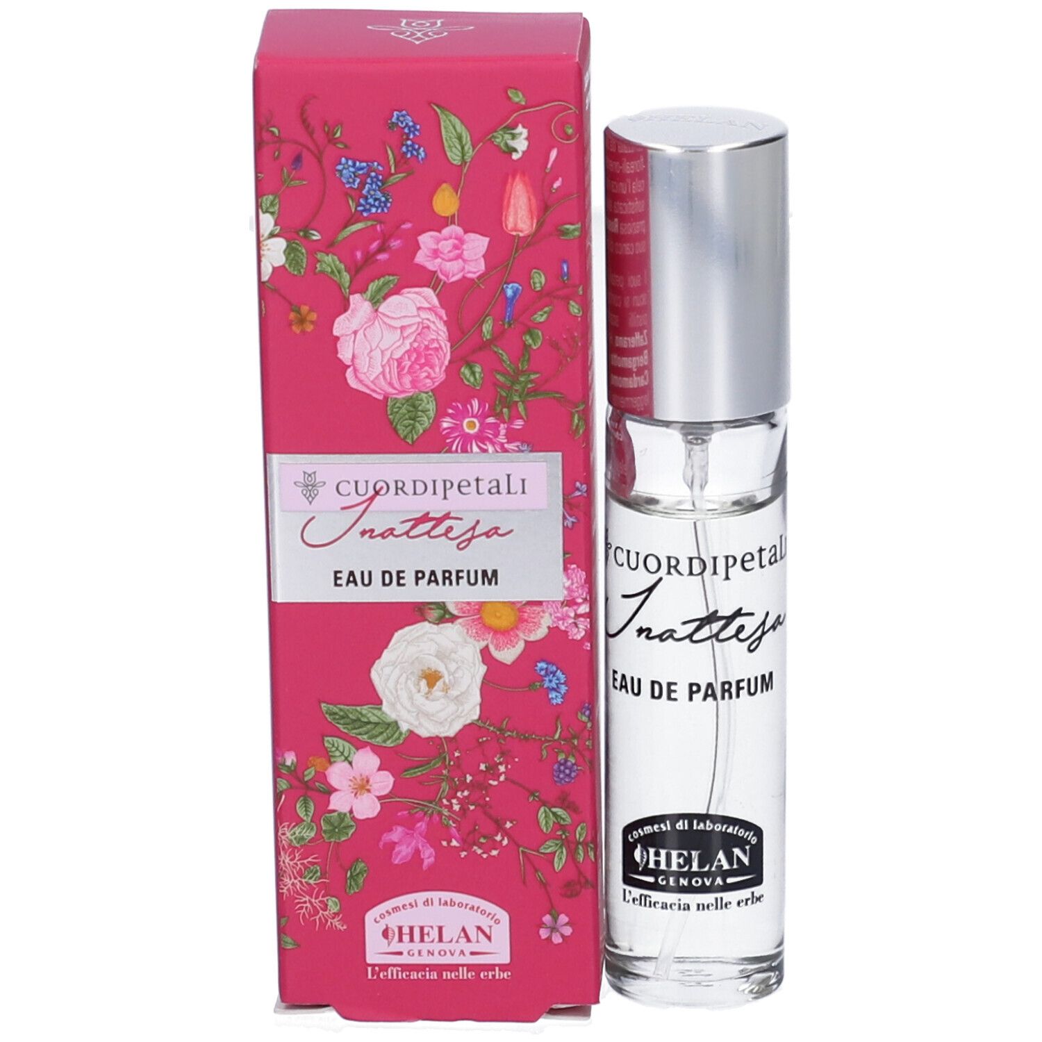 Flacone in vetro con tappo argentato e confezione rosa. Scritta: CUORDI PETALI INATTESA Eau de Parfum. Marchio: Helan.