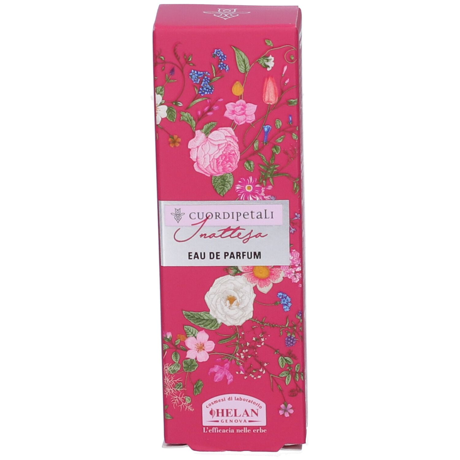 Confezione rosa con motivo floreale. Scritta: CUORDI PETALI INATTESA Eau de Parfum. Marchio: Helan.