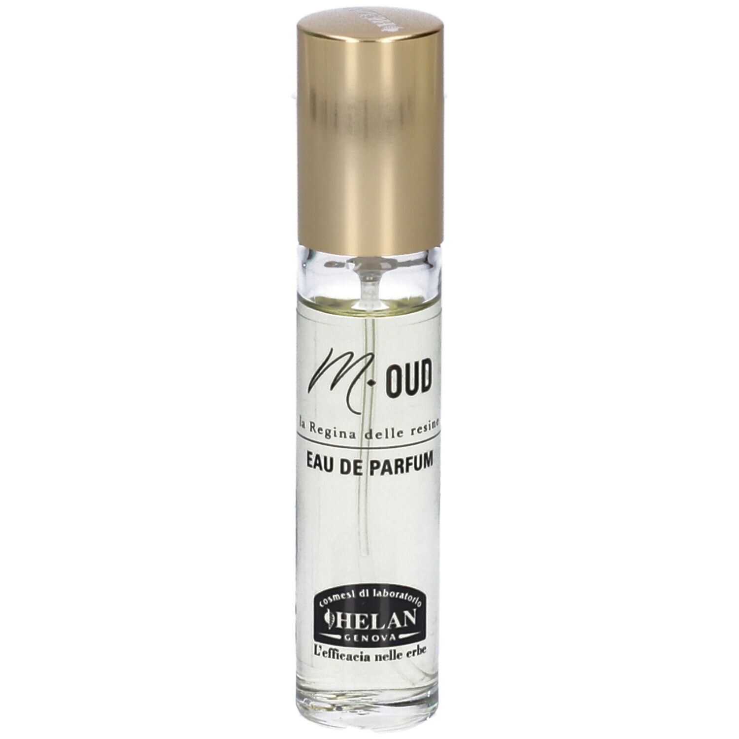 Flacone di profumo con tappo dorato. Scritta: M-OUD, Eau de Parfum, Helan. Contenitore cilindrico trasparente.