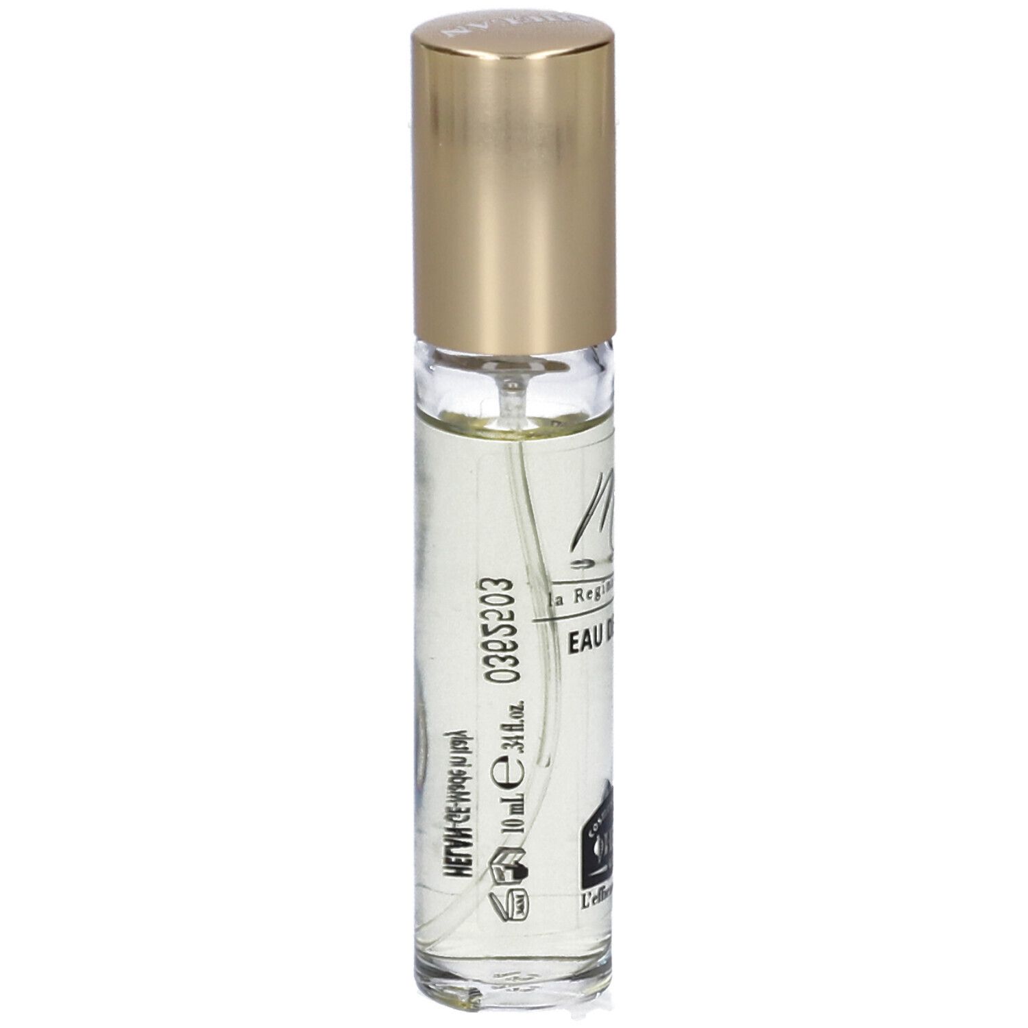 Flacone di profumo con tappo dorato. Scritta: M-OUD, Eau de Parfum, Helan. Stampa con indicazione del volume.