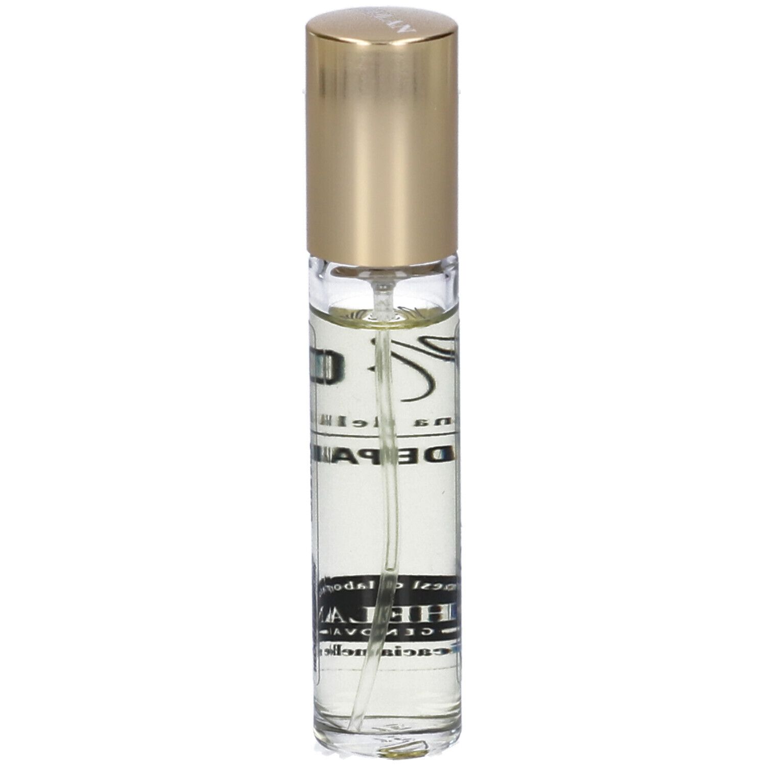 Flacone di profumo con tappo dorato. Scritta: M-OUD, Eau de Parfum, Helan. Vista dettagliata del retro.