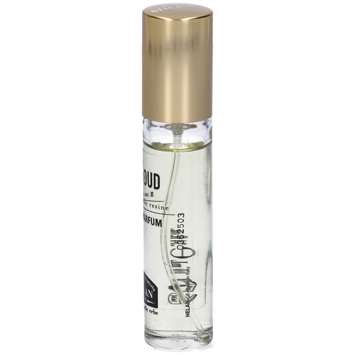 Flacone di profumo con tappo dorato. Scritta: M-OUD, Eau de Parfum, Helan. Vista dettagliata del retro.