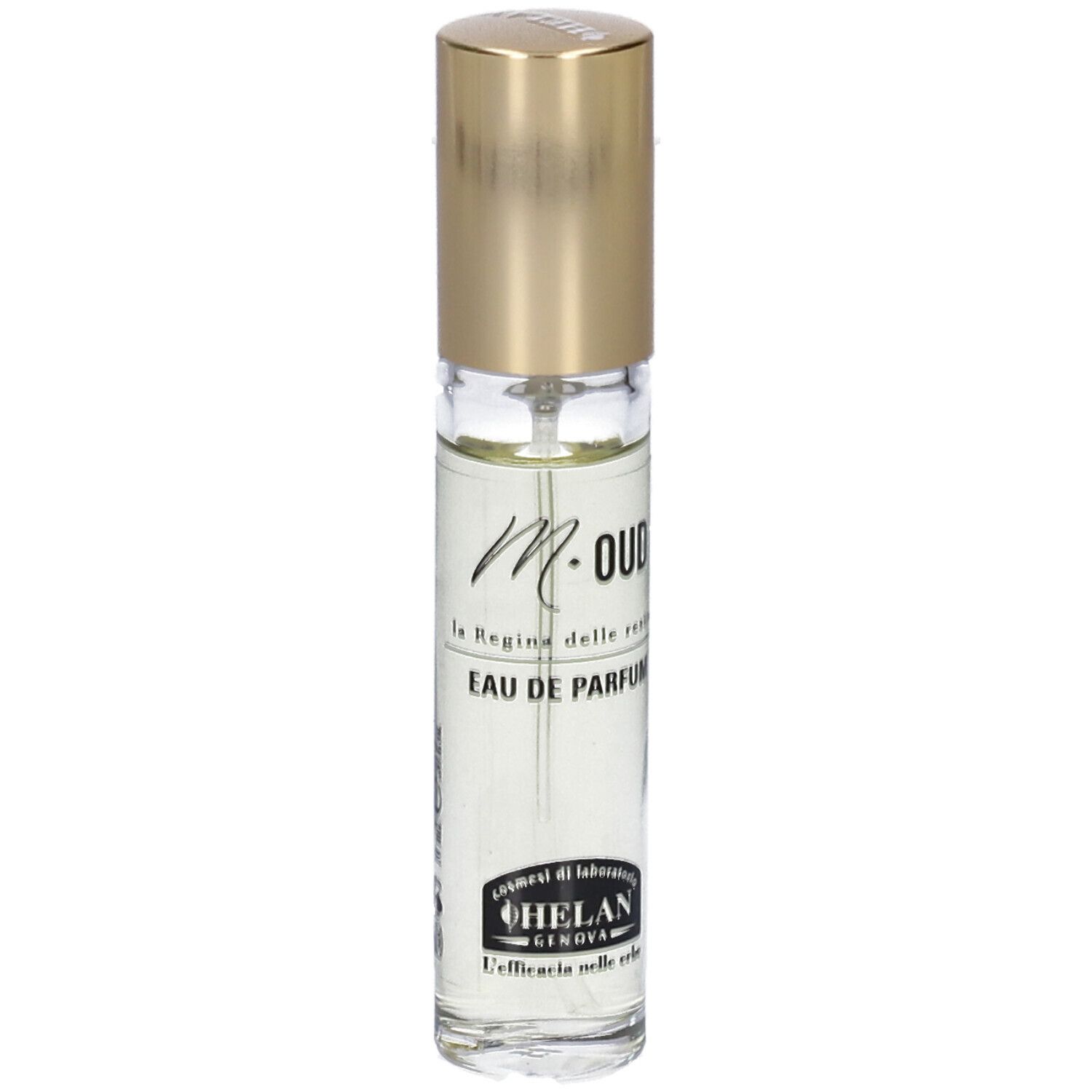 Flacone di profumo con tappo dorato. Scritta: M-OUD, Eau de Parfum, Helan. Vista dettagliata del retro.