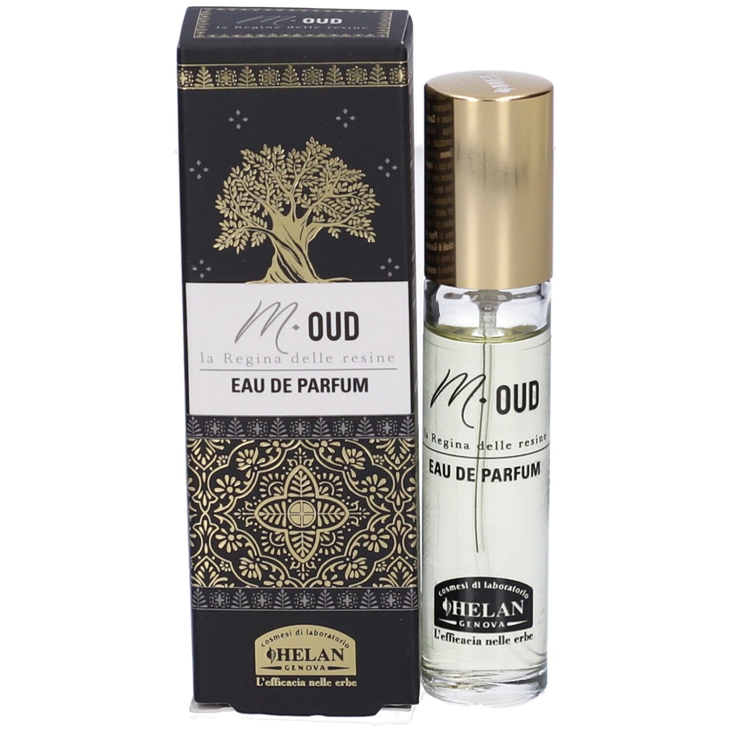 Flacone di profumo e confezione. Confezione nera con decorazioni dorate. Scritta: M-OUD, Eau de Parfum.