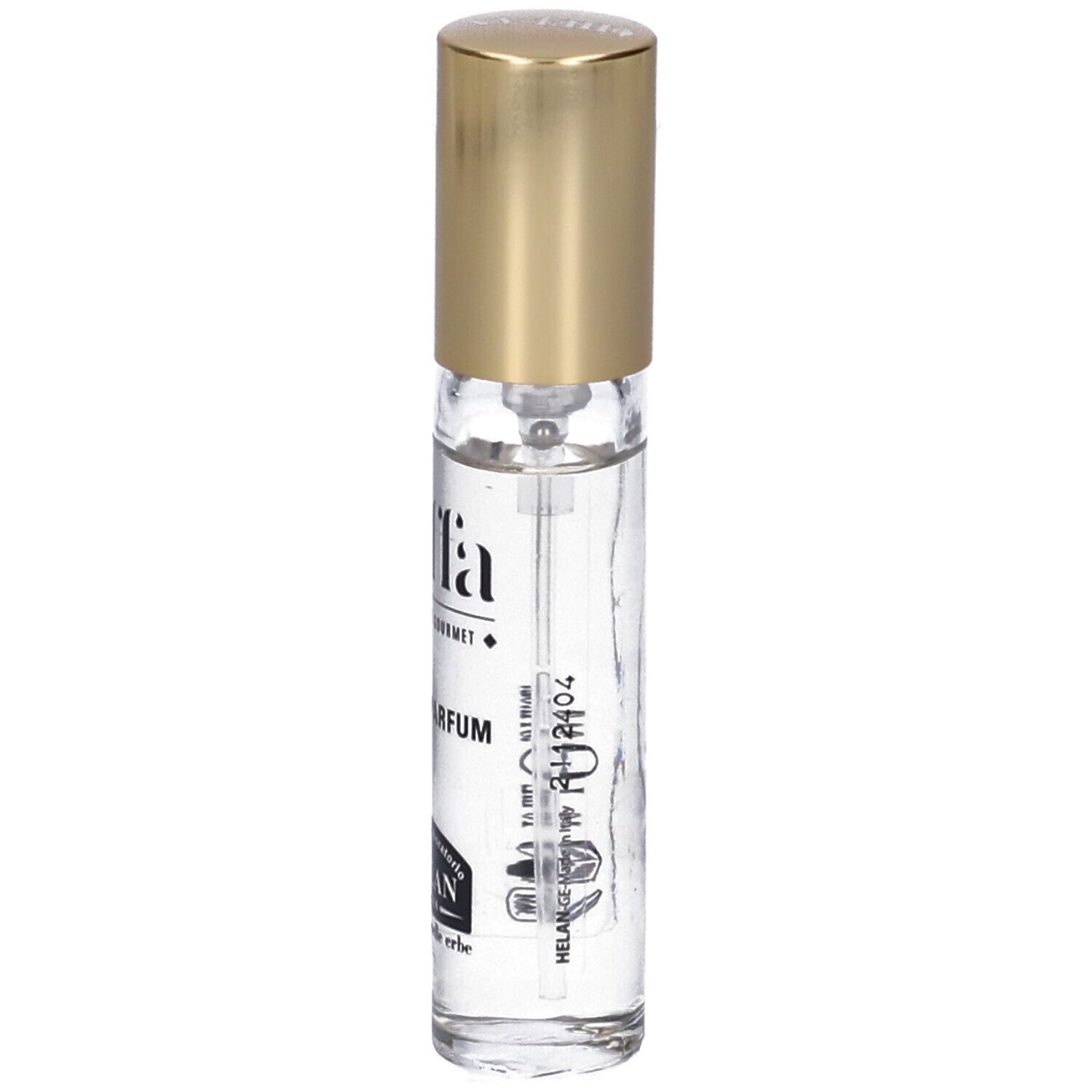 Flacone Helan KAFFA Eau de Parfum, liquido trasparente, tappo dorato. Scritta: KAFFA, Eau de Parfum, Helan.