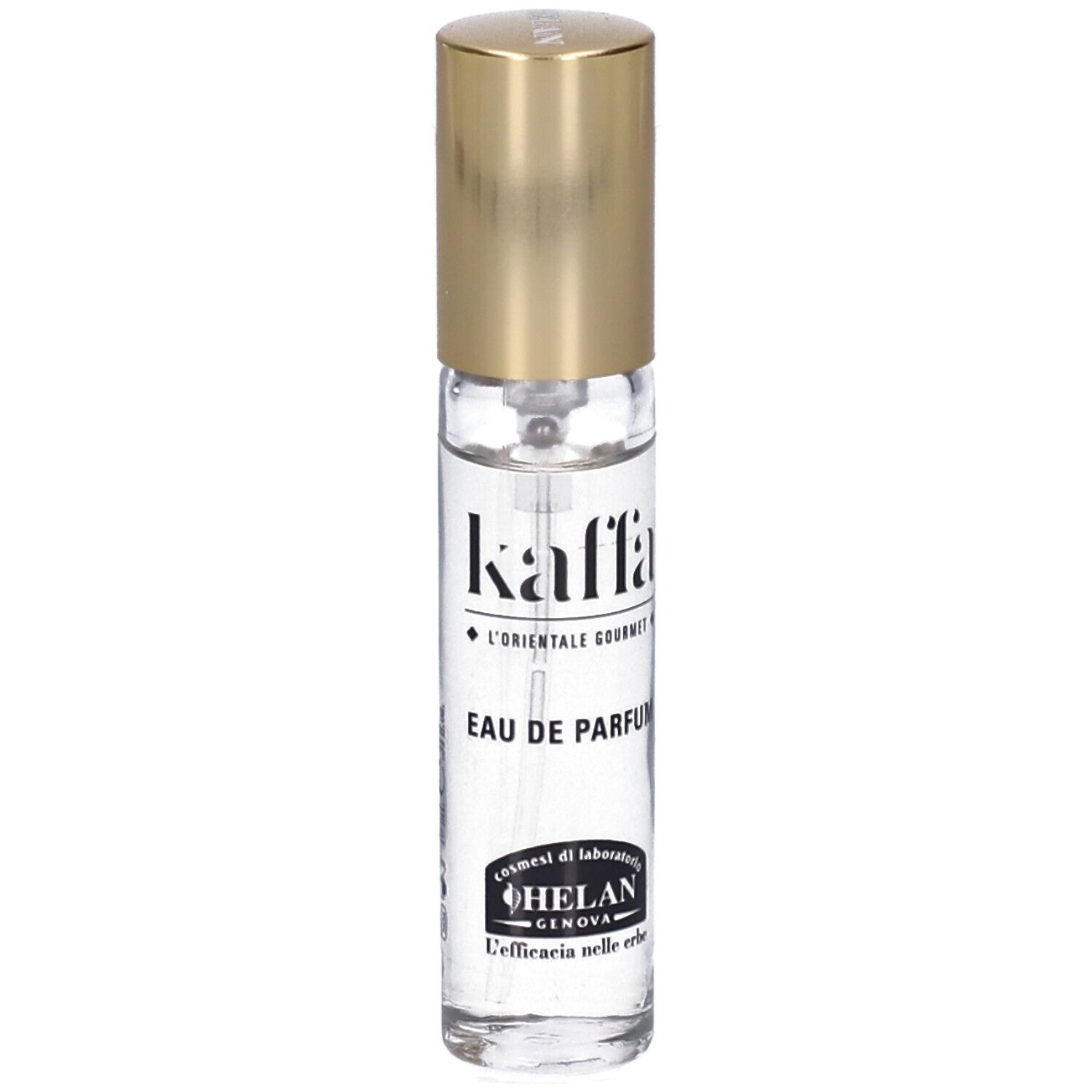 Flacone Helan KAFFA Eau de Parfum, liquido trasparente, tappo dorato. Scritta: KAFFA, Eau de Parfum, Helan.