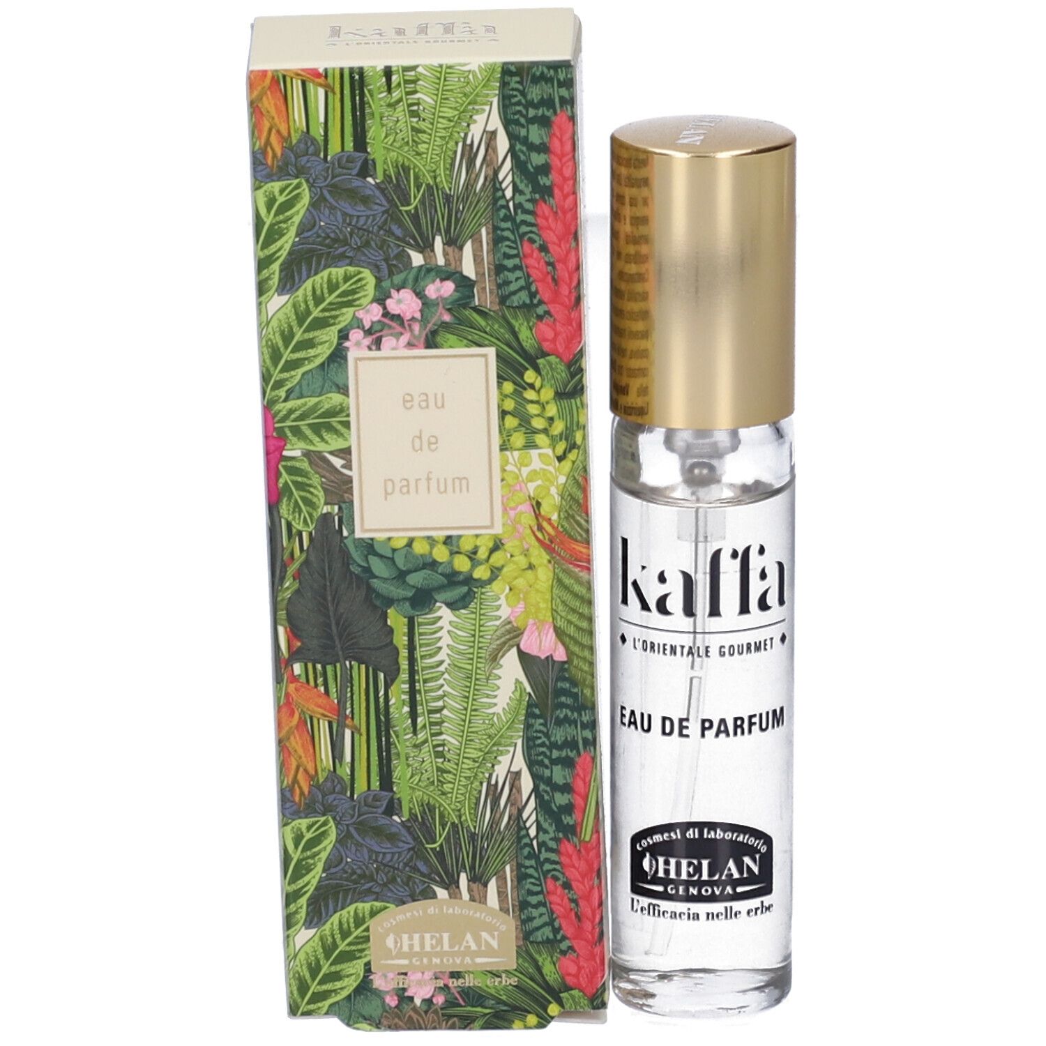 Flacone e confezione Helan KAFFA Eau de Parfum. Confezione con motivo floreale. Scritta: Eau de Parfum, Helan.