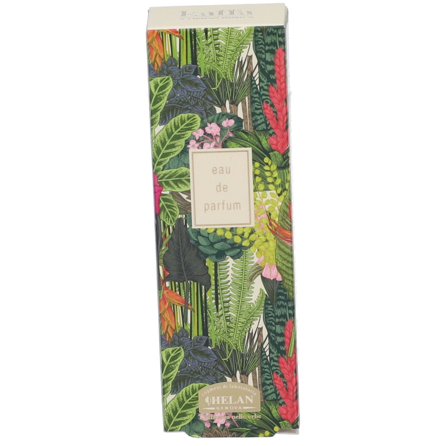 Confezione per Helan KAFFA Eau de Parfum. Motivo floreale. Scritta: Eau de Parfum, Helan.