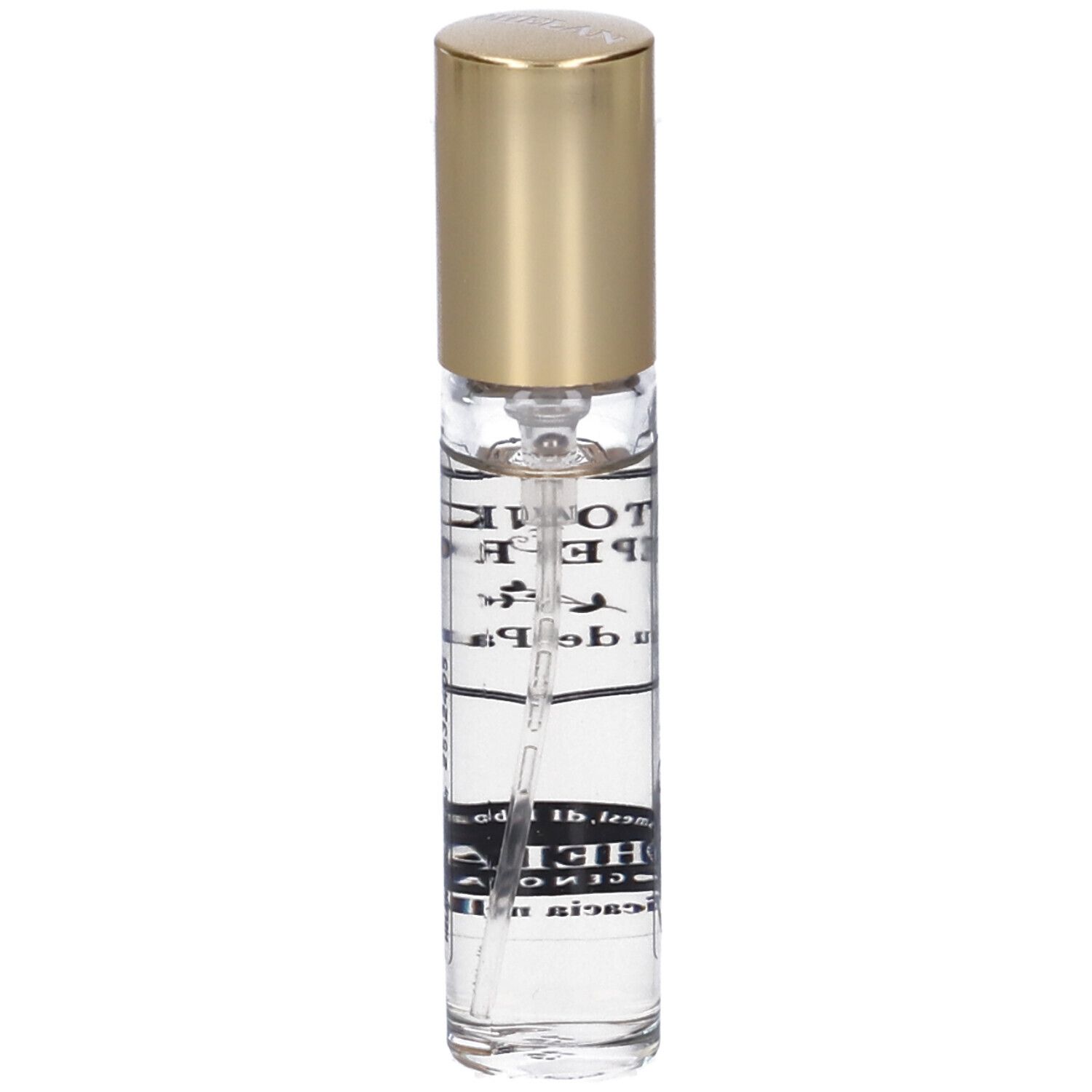 Flacone di profumo con tappo dorato. Scritta: TONKA PEPE ROSA Eau de Parfum. Marchio: HELAN.