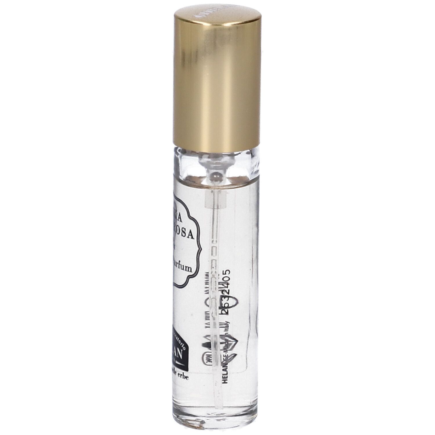 Flacone di profumo con tappo dorato. Scritta: TONKA PEPE ROSA Eau de Parfum. Marchio: HELAN.
