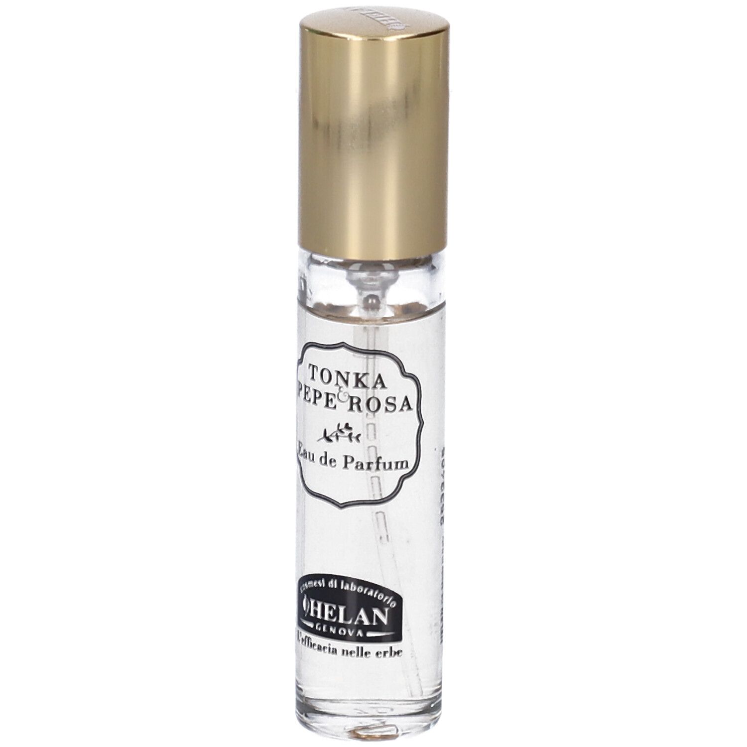 Flacone di profumo con tappo dorato. Scritta: TONKA PEPE ROSA Eau de Parfum. Marchio: HELAN.